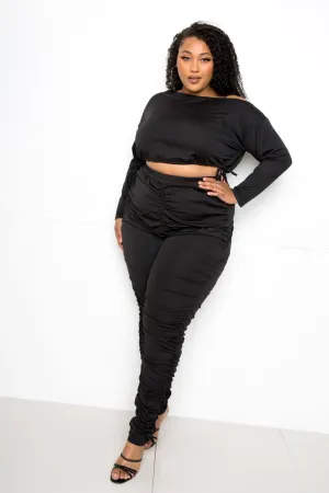 Black Off Shoulder Cropped Top And Ruched Women's Leggings Sets