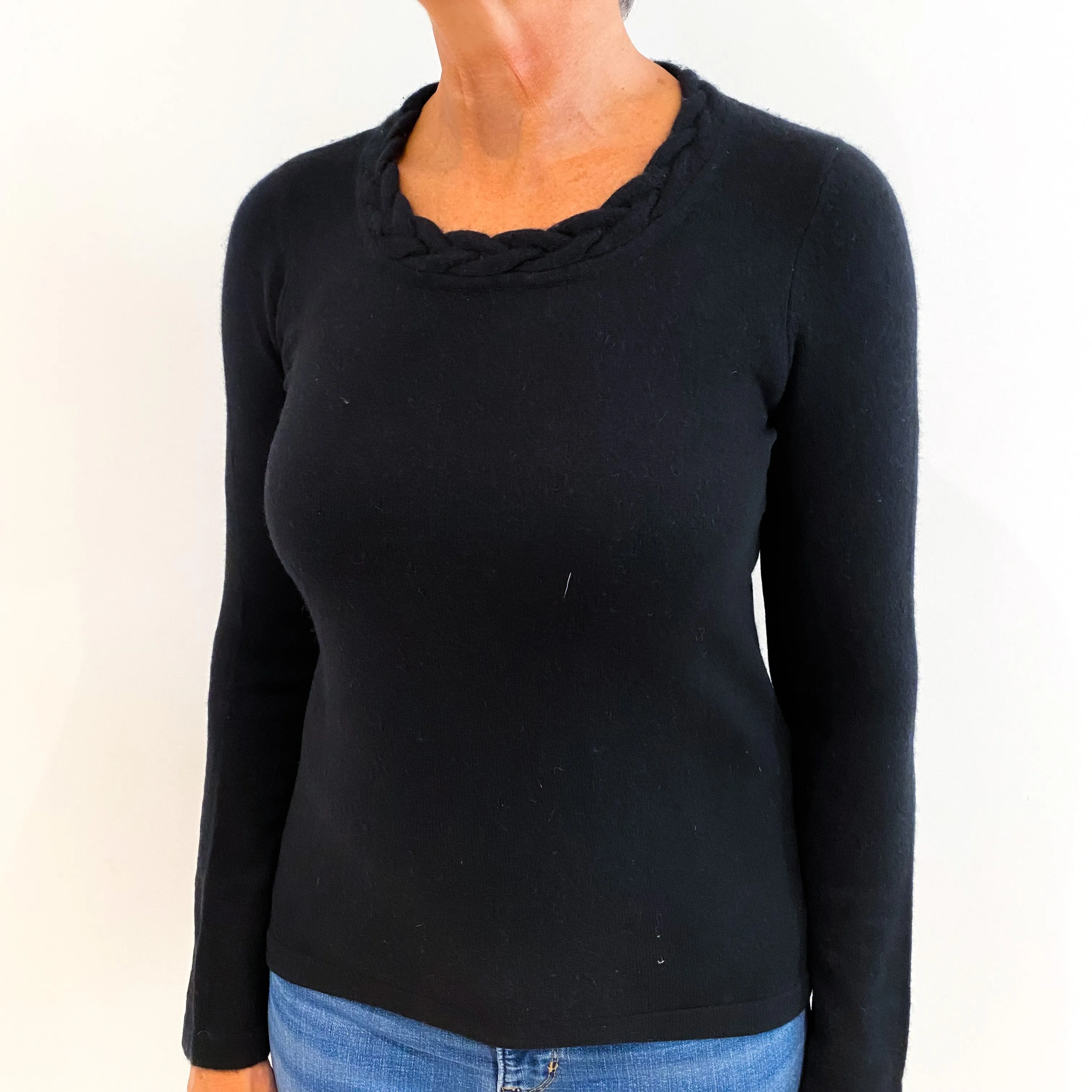Black Plaited Neckline Cashmere Crew Neck Jumper Medium