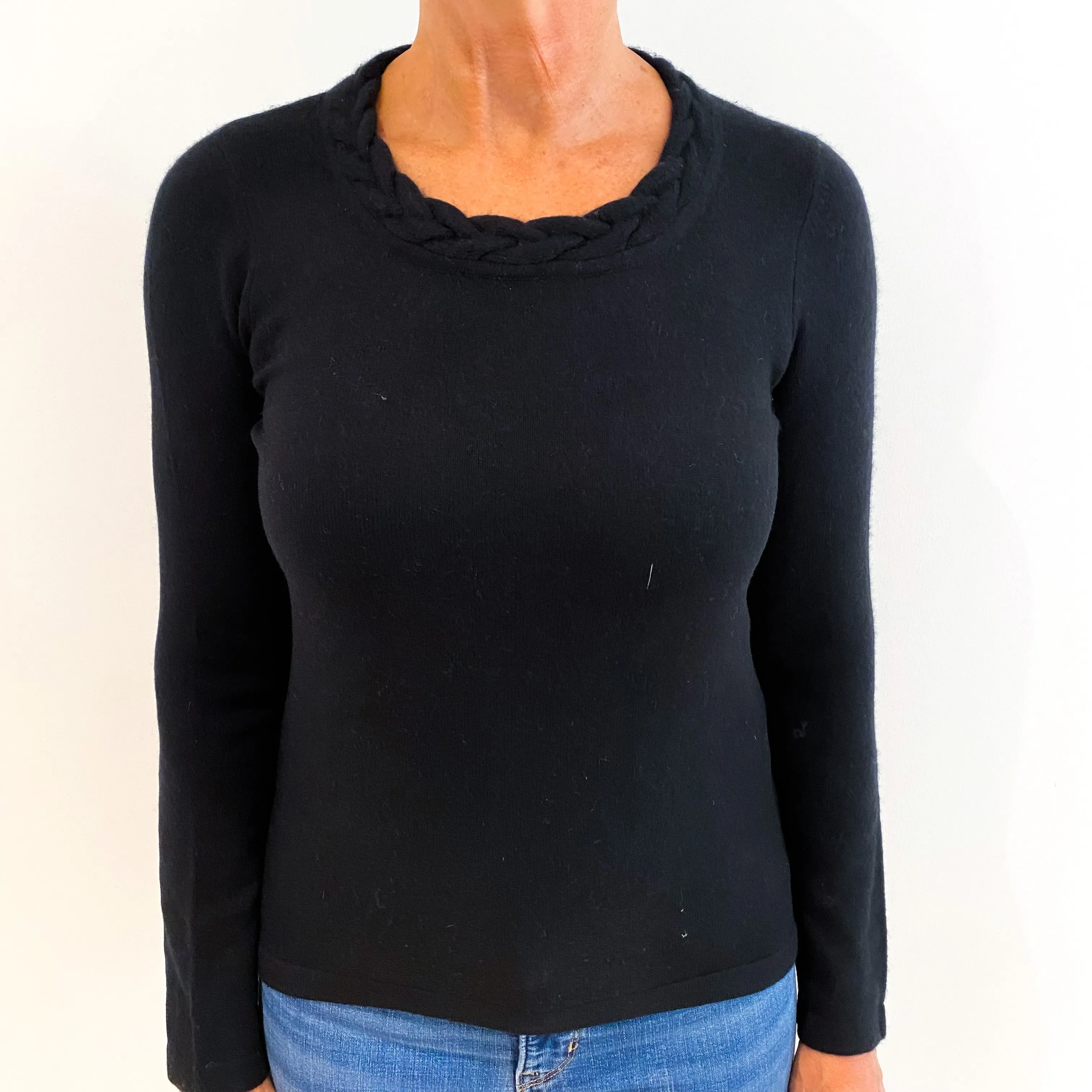 Black Plaited Neckline Cashmere Crew Neck Jumper Medium