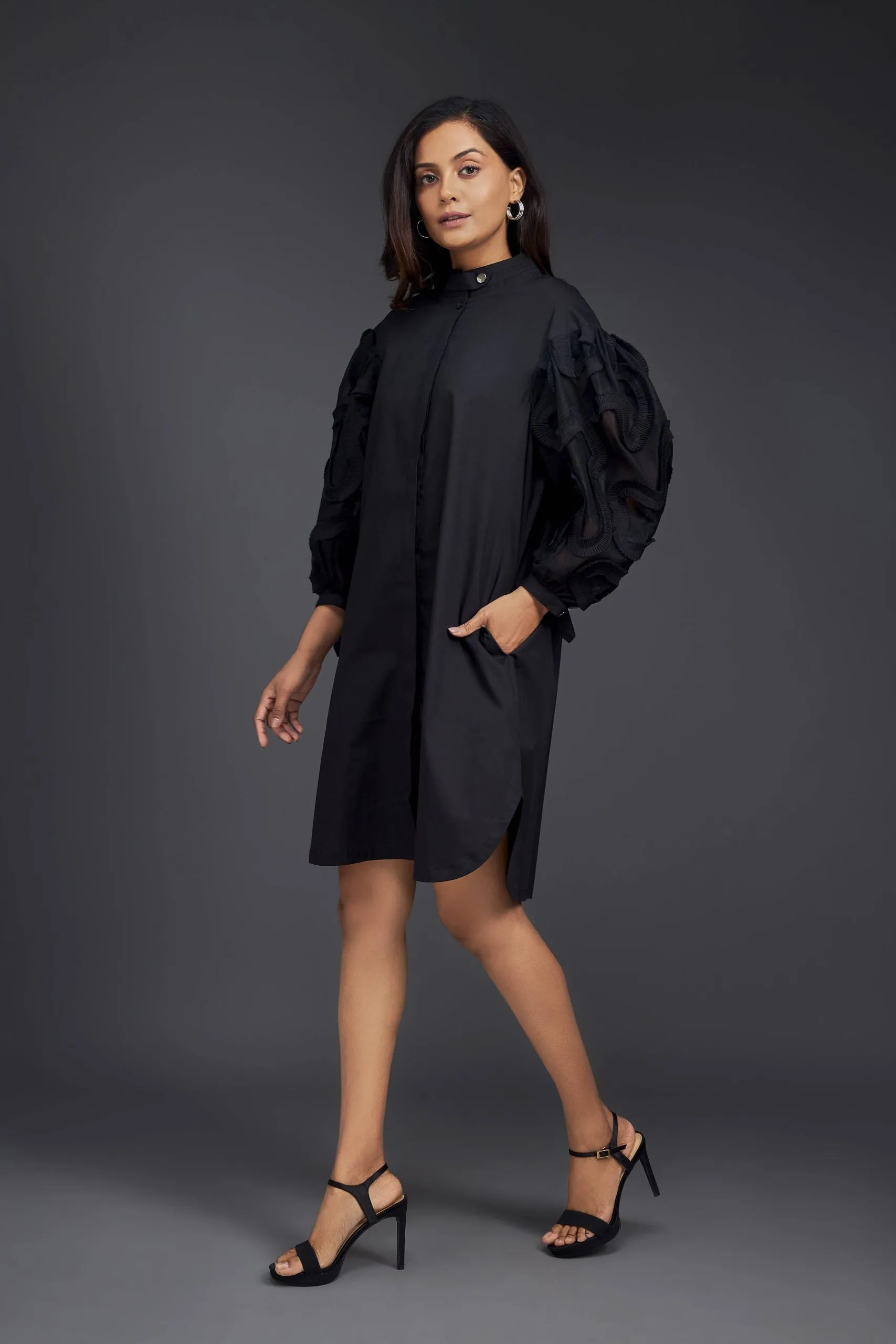 BLACK SHIRT DRESS  WITH PLEATED FRILL DETAILING ON SLEEVES