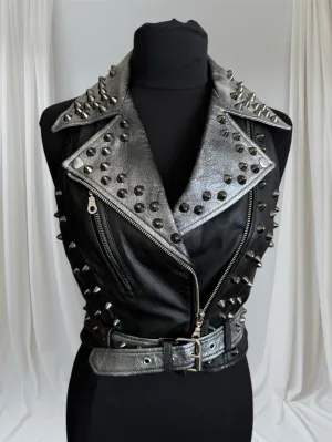 Black Spiked Studded Leather Punk Vest, Small