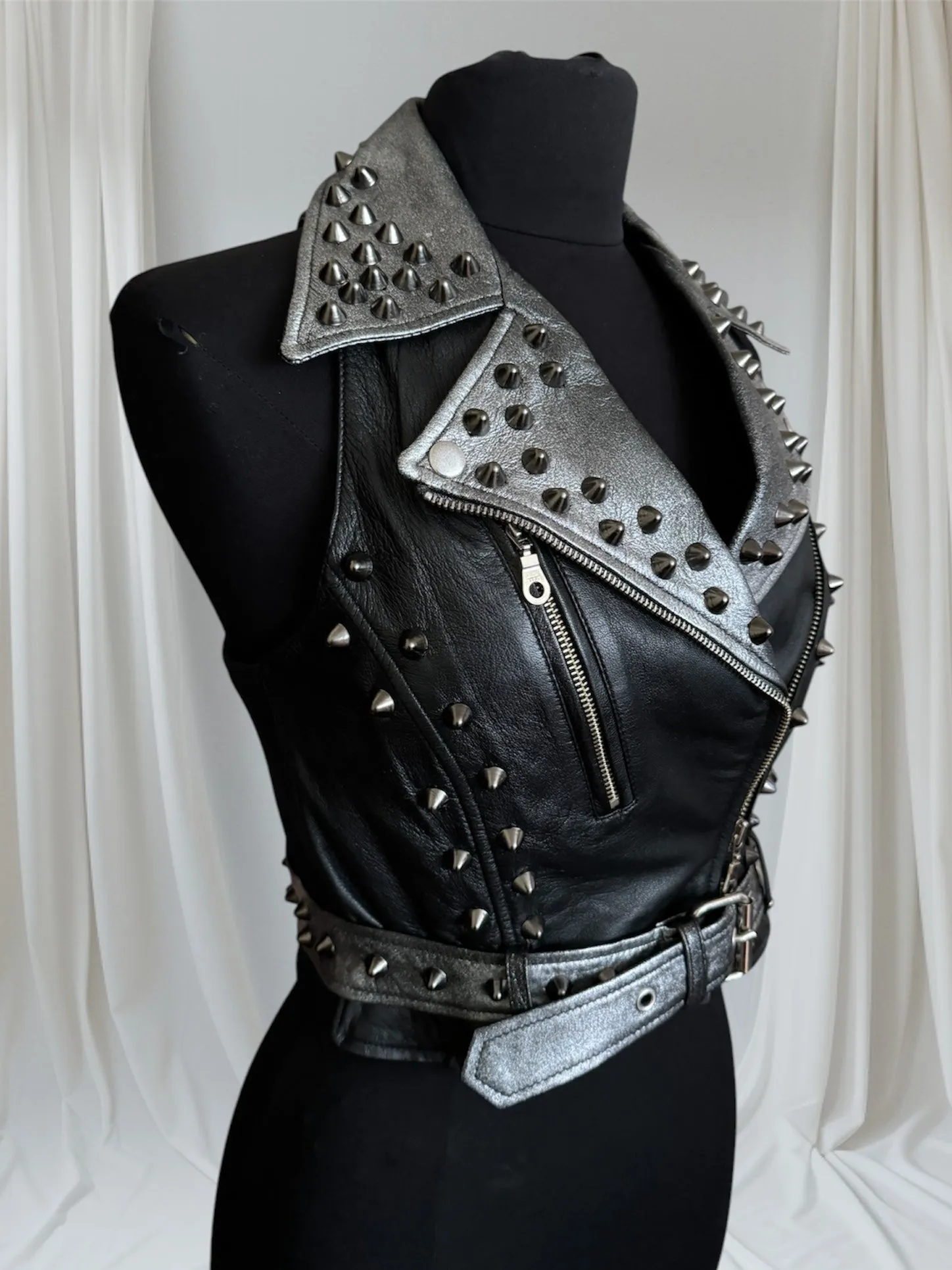 Black Spiked Studded Leather Punk Vest, Small