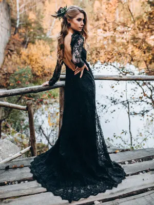 Black Sweetheart Long Sleeves prom dresses,Lace Backless Wedding Dresses,BD930833