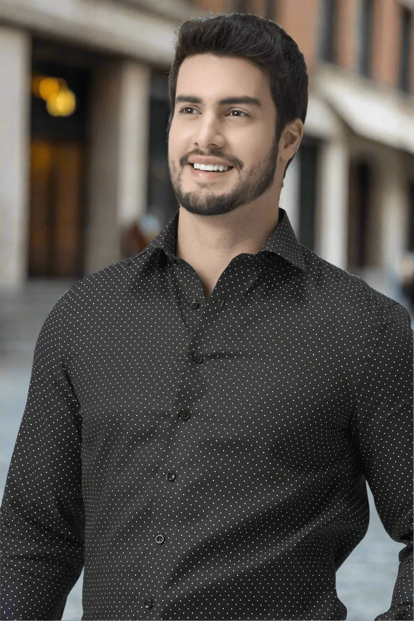 Black with Fine White Print Stylish Men's Slim-Fit Dress Shirt