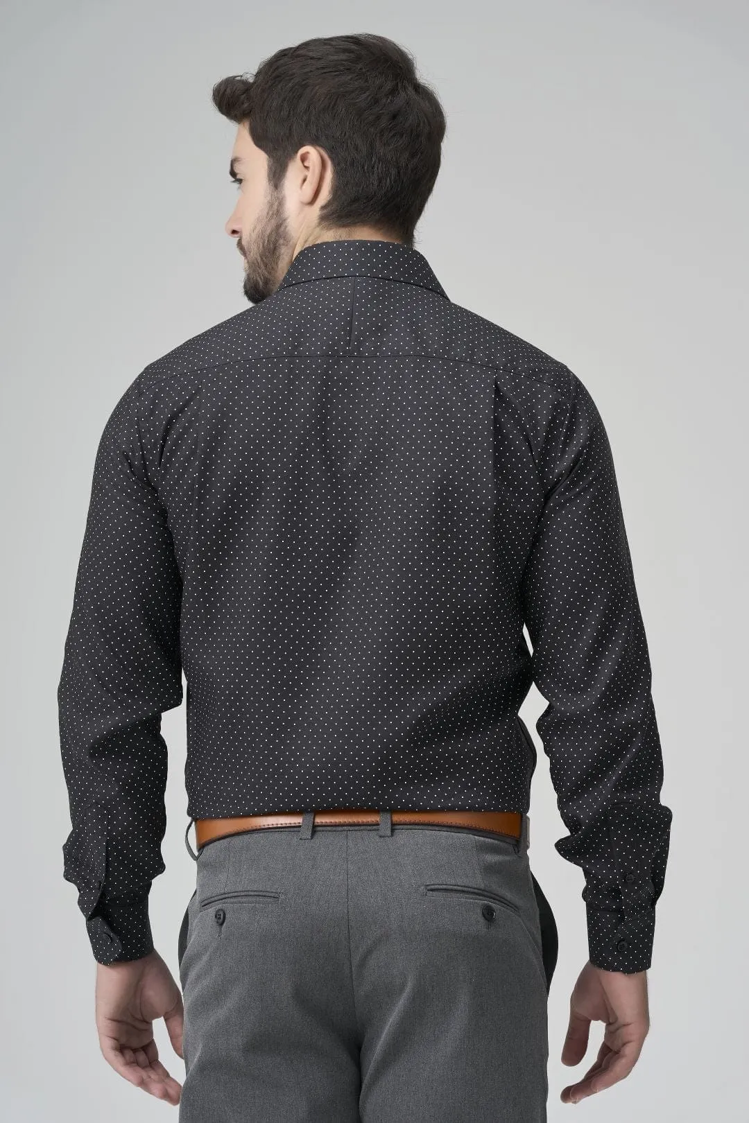 Black with Fine White Print Stylish Men's Slim-Fit Dress Shirt