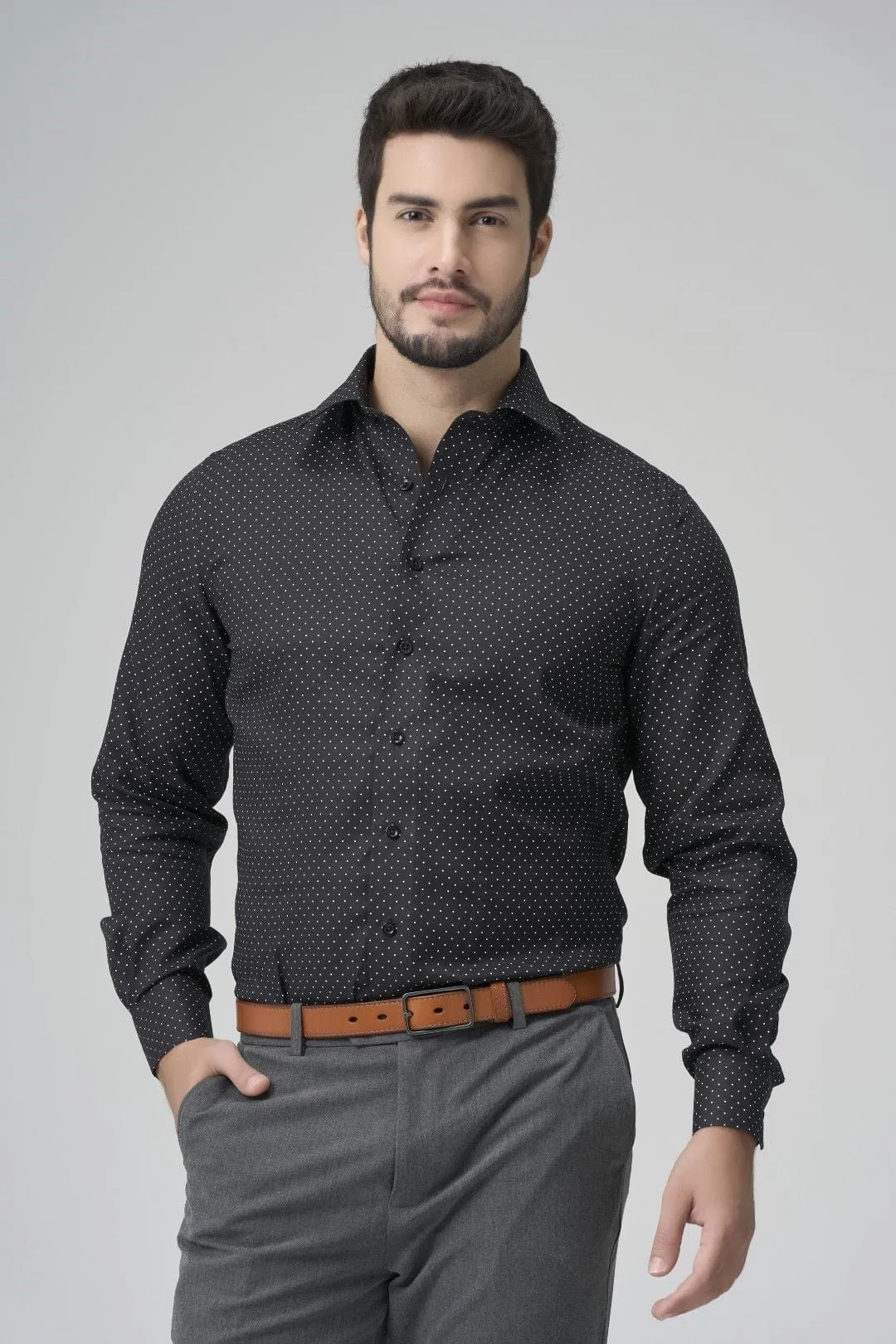 Black with Fine White Print Stylish Men's Slim-Fit Dress Shirt
