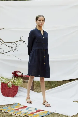 Blue Cotton Double Fabric Shirt Dress