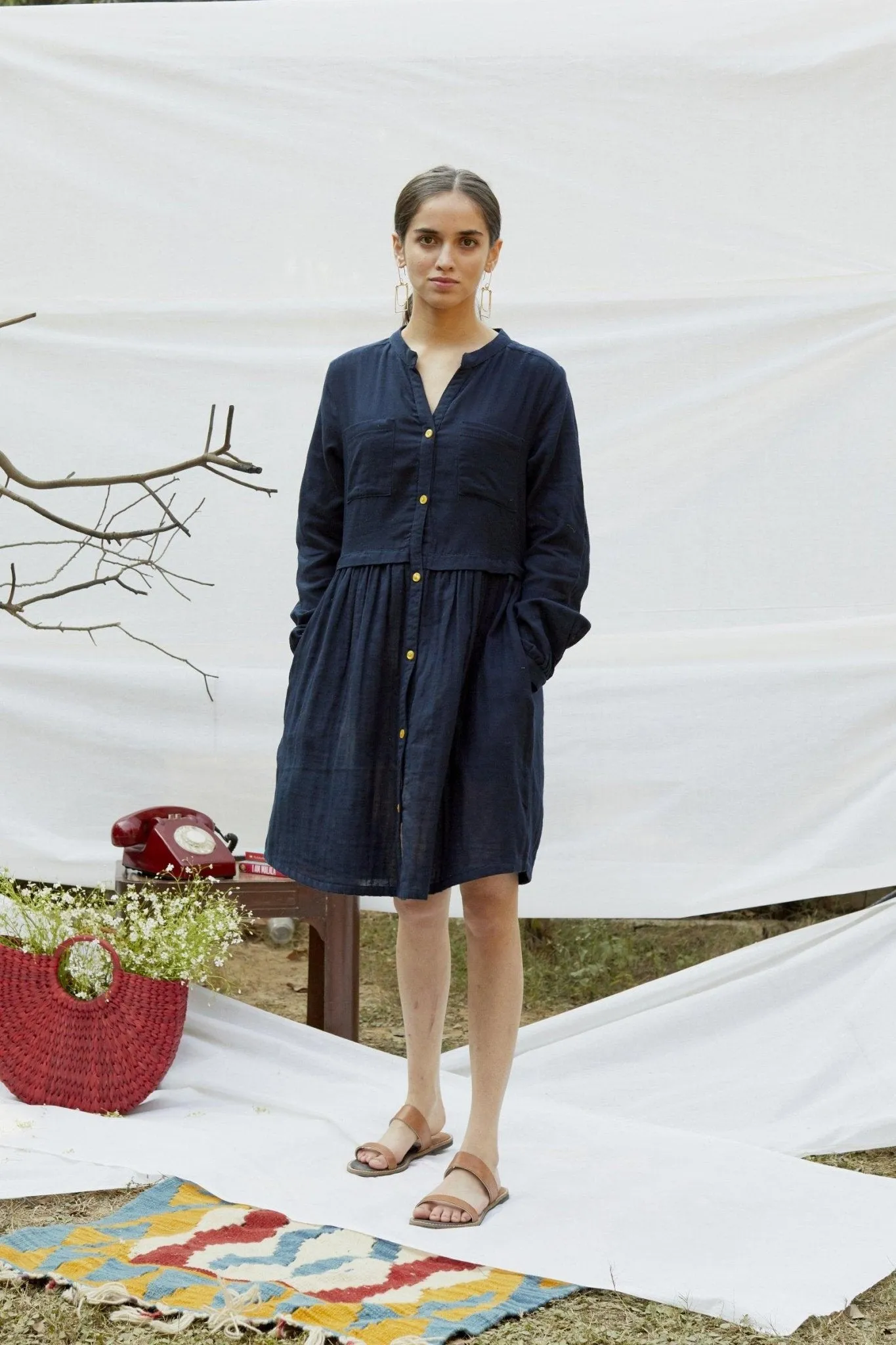 Blue Cotton Double Fabric Shirt Dress