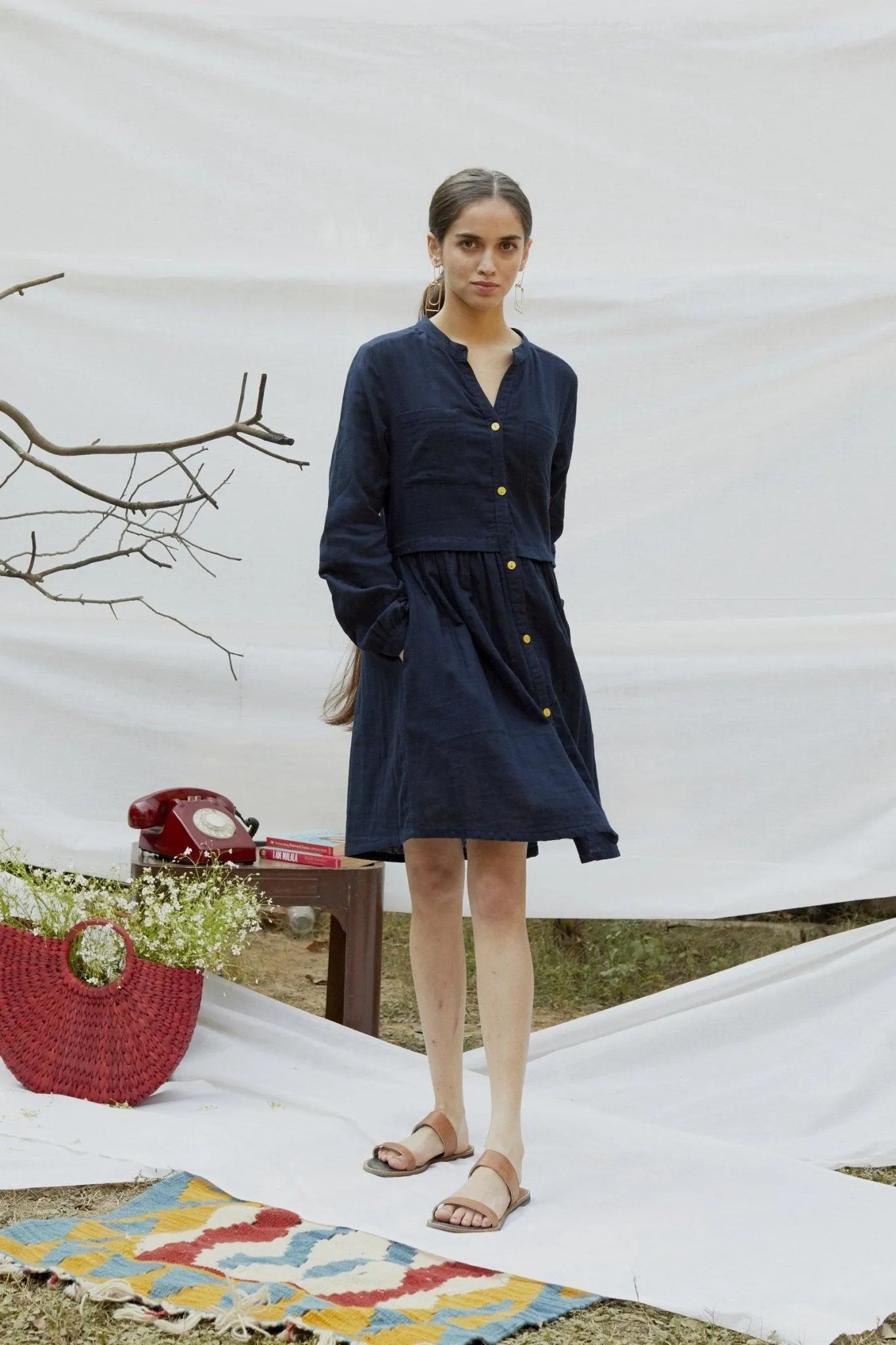 Blue Cotton Double Fabric Shirt Dress