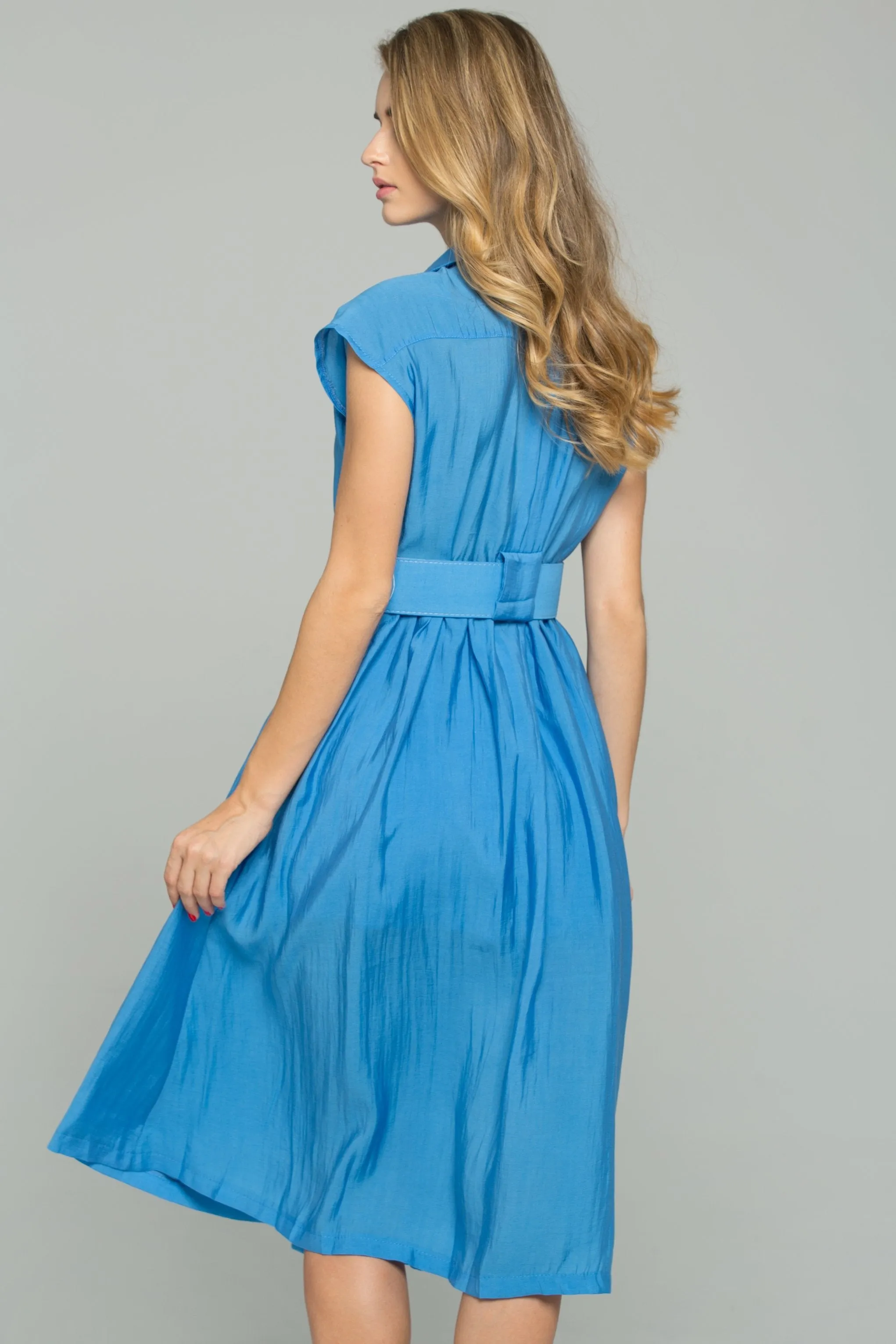 Blue Double Buttoned-Down Belted Shirt Dress