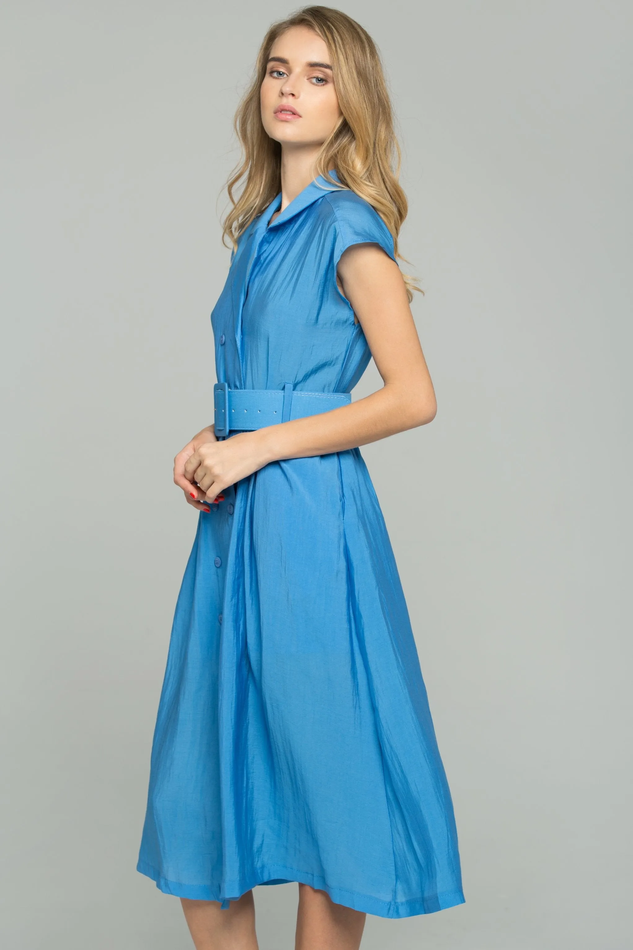 Blue Double Buttoned-Down Belted Shirt Dress