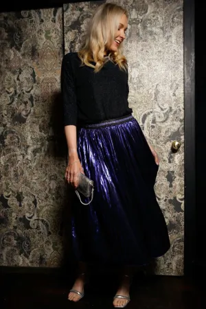 Blue Foil Pleated Skirt with Glitter Stripe Waistband