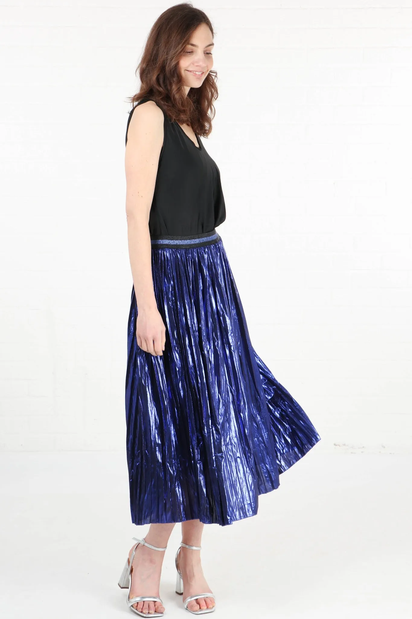 Blue Foil Pleated Skirt with Glitter Stripe Waistband