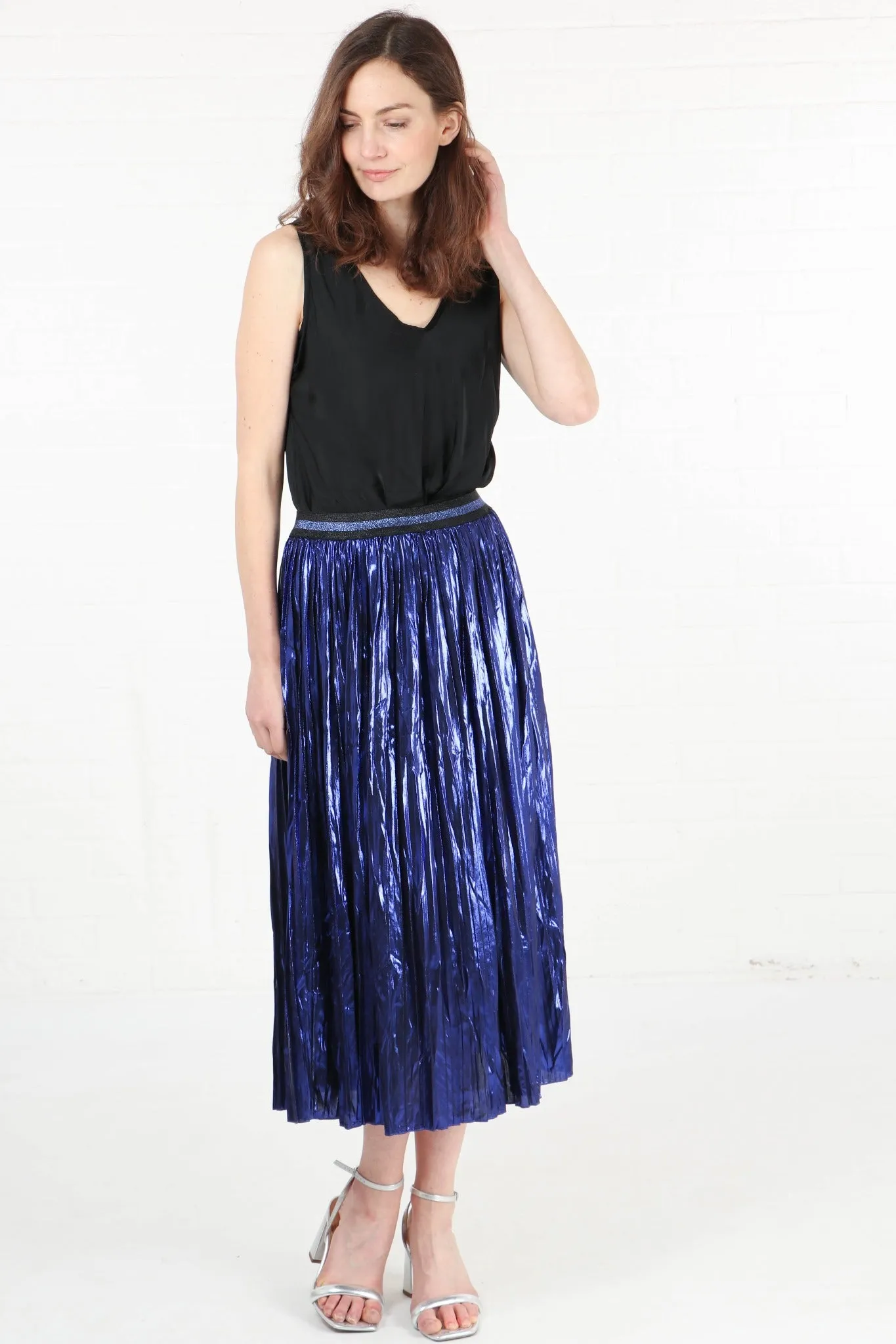 Blue Foil Pleated Skirt with Glitter Stripe Waistband