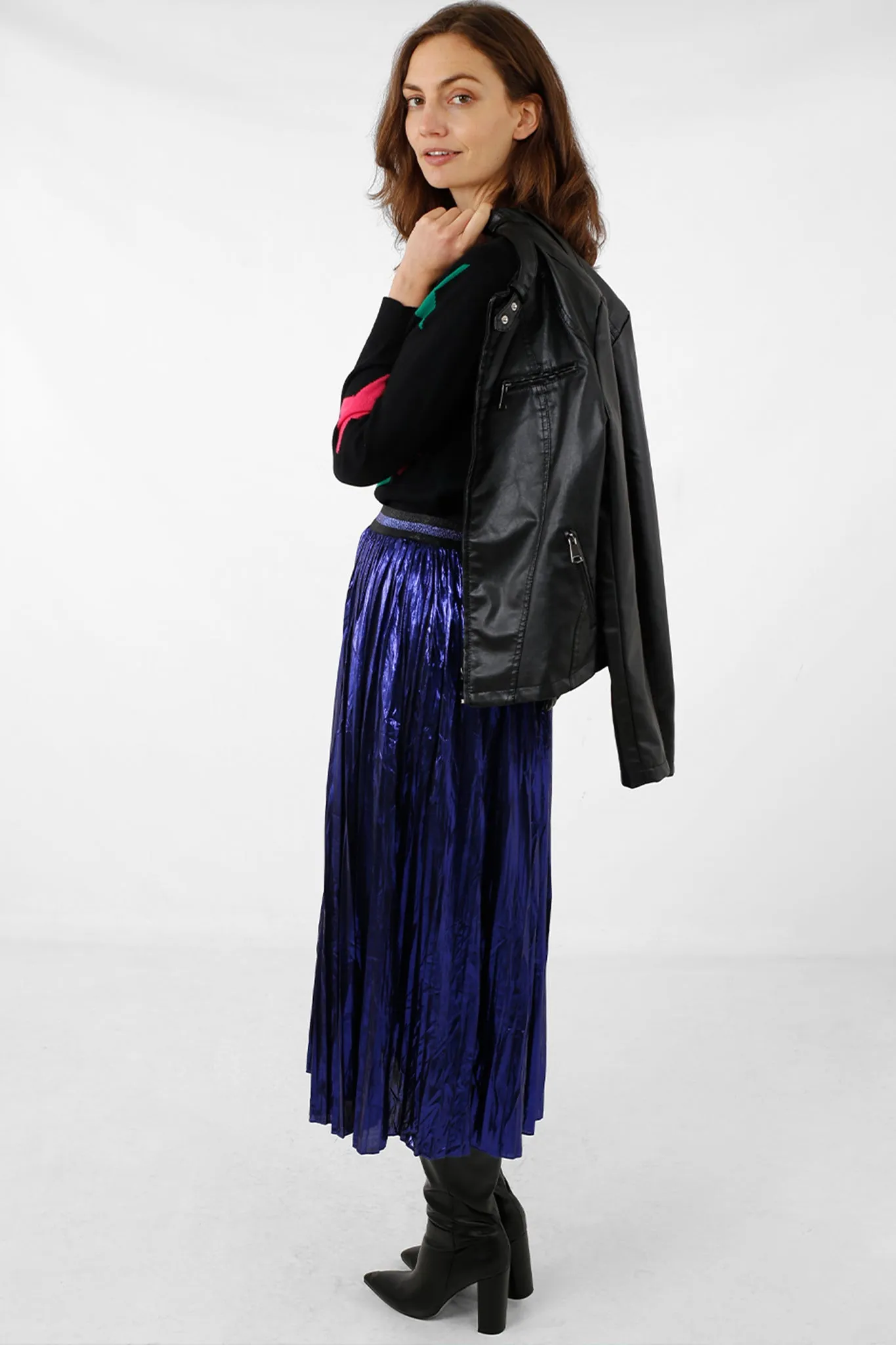 Blue Foil Pleated Skirt with Glitter Stripe Waistband