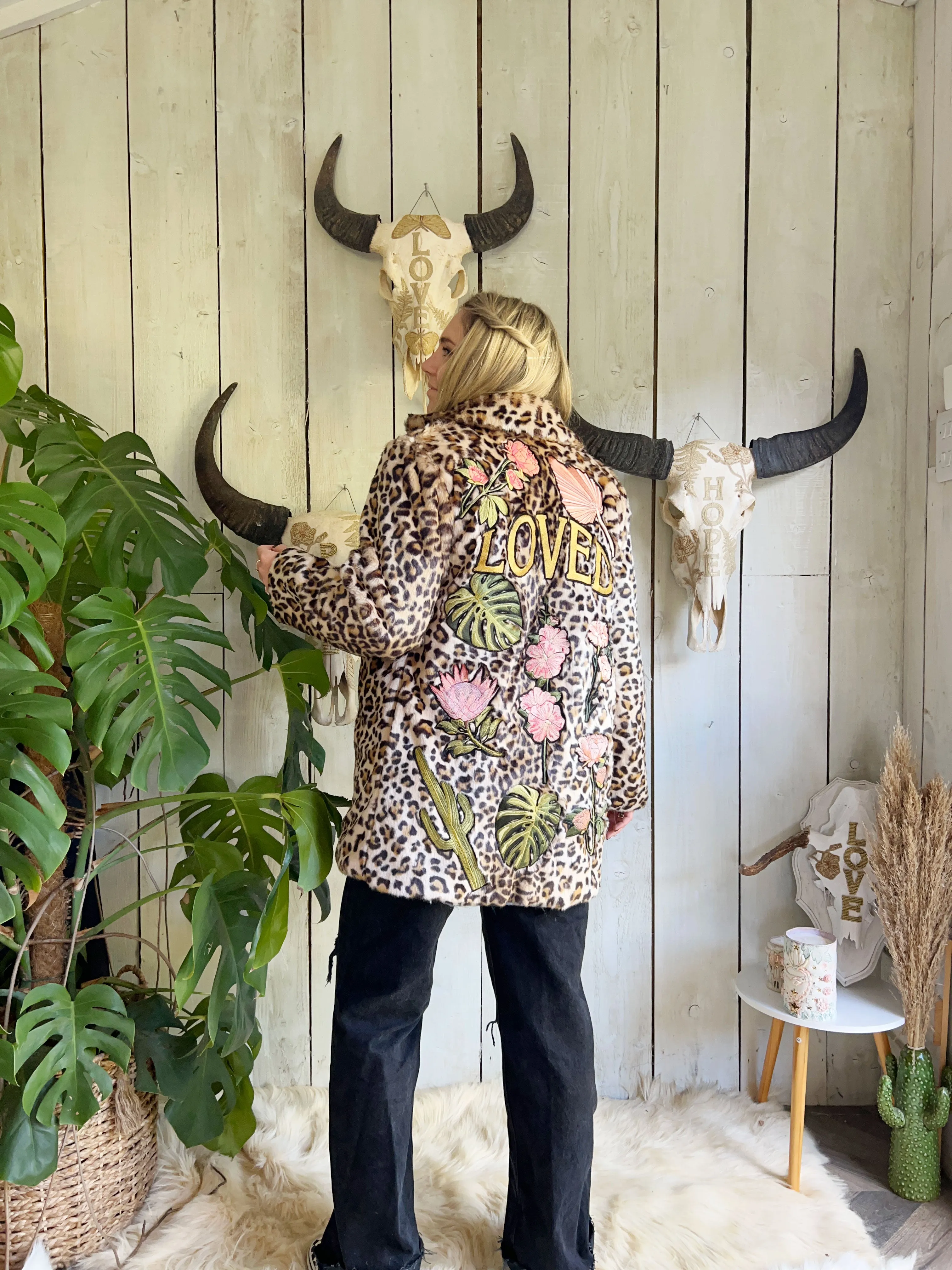 Boho Botanicals 'Loved' Embroidered, Leopard Print, Faux Fur Coat