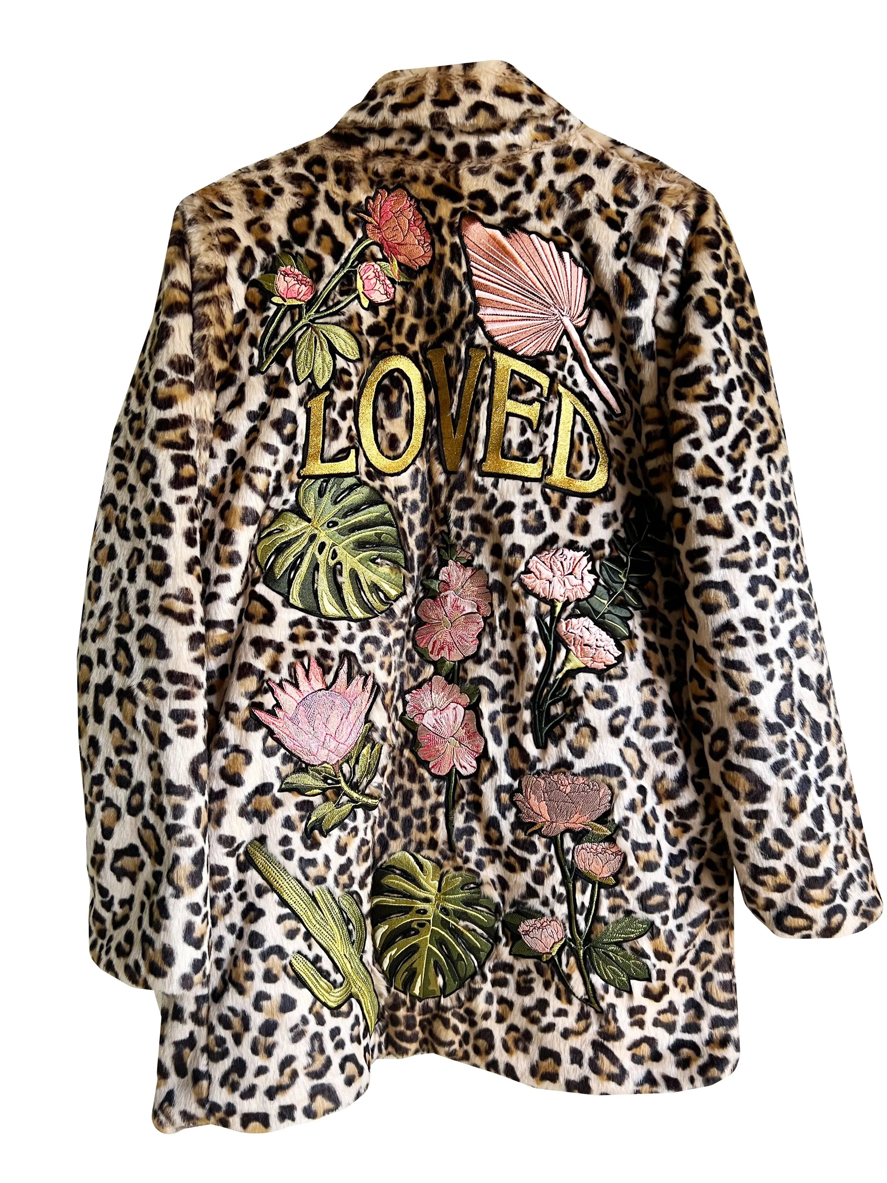 Boho Botanicals 'Loved' Embroidered, Leopard Print, Faux Fur Coat