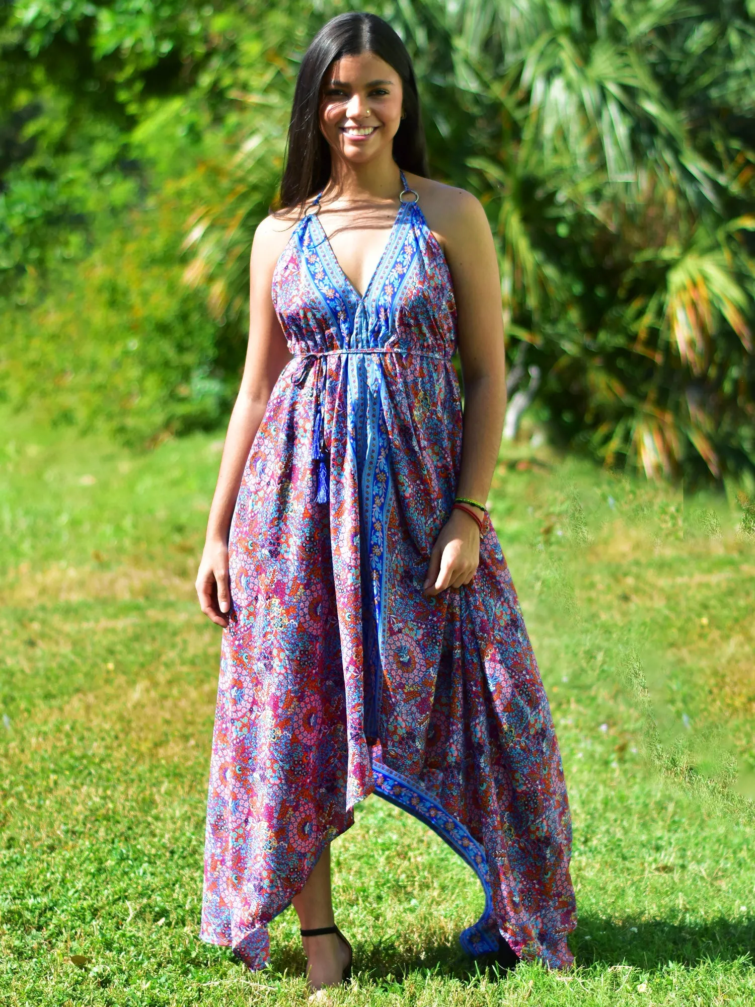 Boho Silk Halter Dress Beach Party Goddess Paisely Maxi Dress Niya
