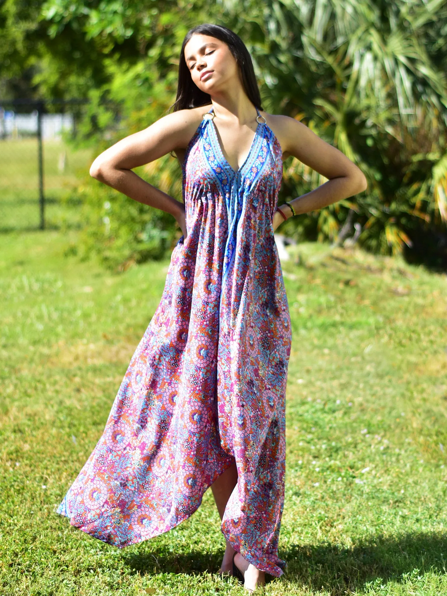 Boho Silk Halter Dress Beach Party Goddess Paisely Maxi Dress Niya