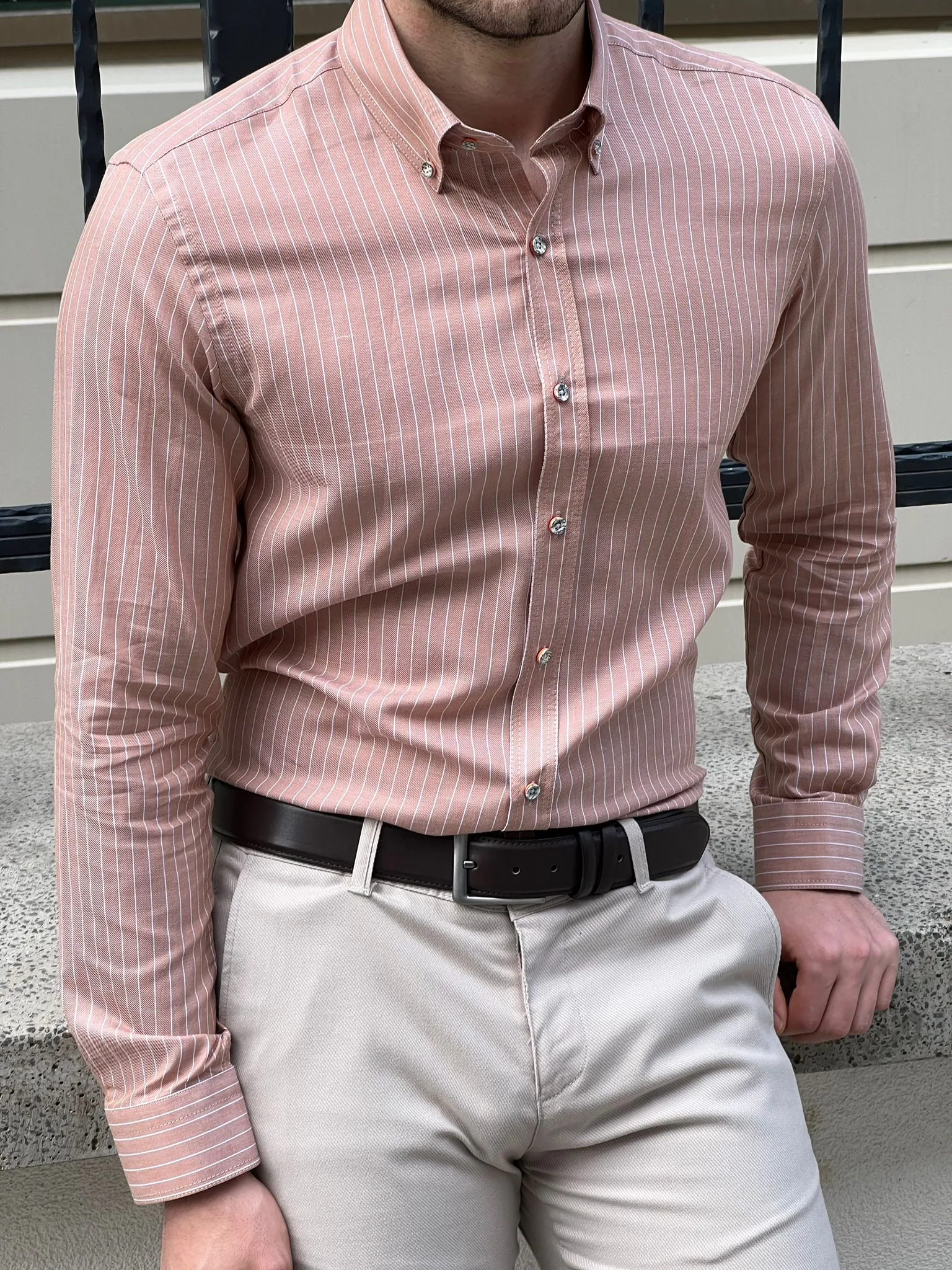 Bojoni Montebello Slim Fit High Quality Striped Salmon Shirt
