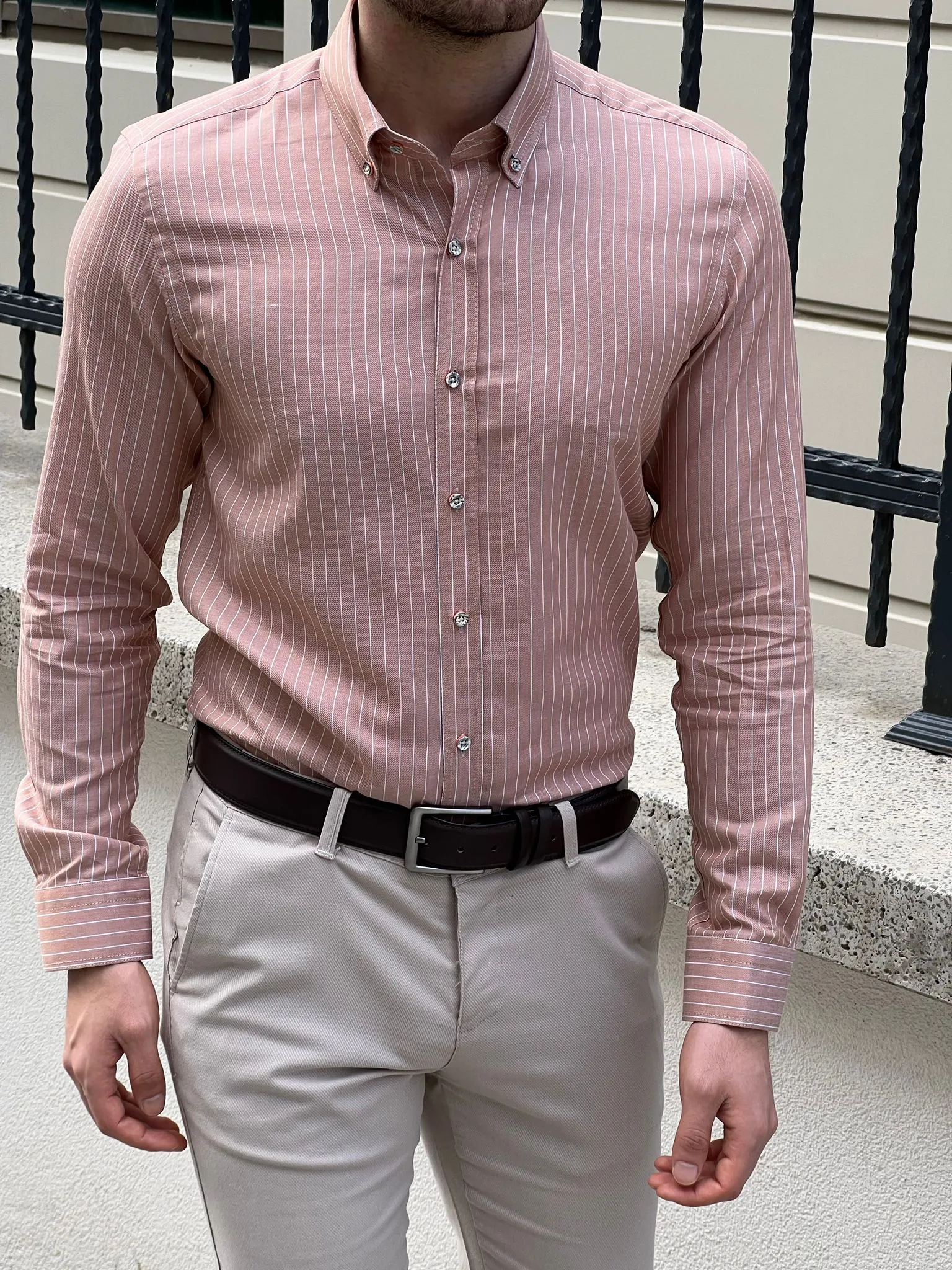 Bojoni Montebello Slim Fit High Quality Striped Salmon Shirt