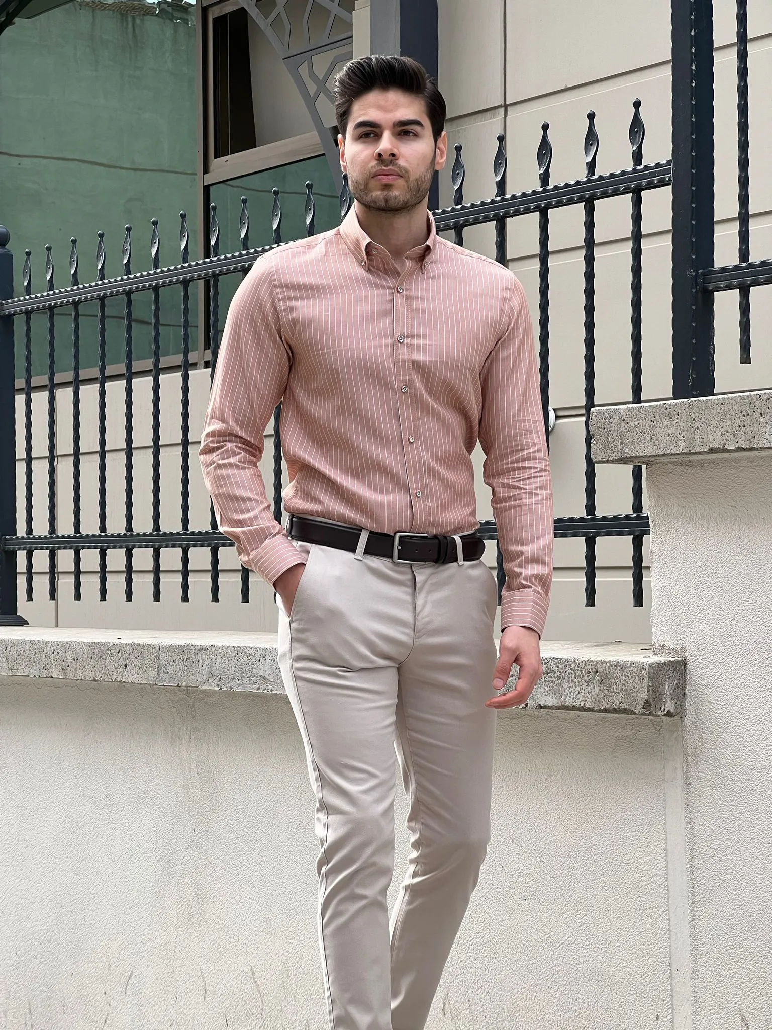 Bojoni Montebello Slim Fit High Quality Striped Salmon Shirt
