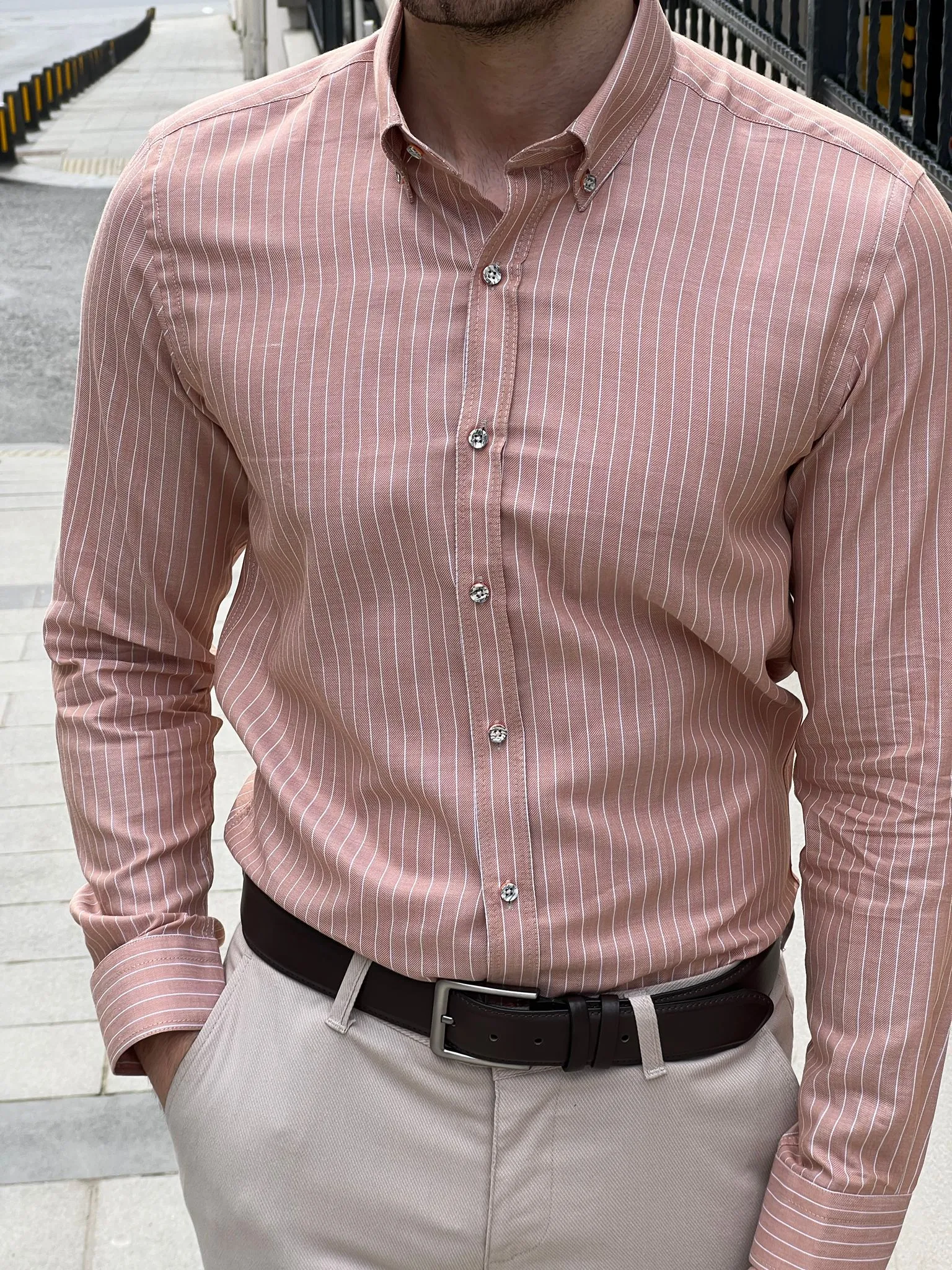 Bojoni Montebello Slim Fit High Quality Striped Salmon Shirt