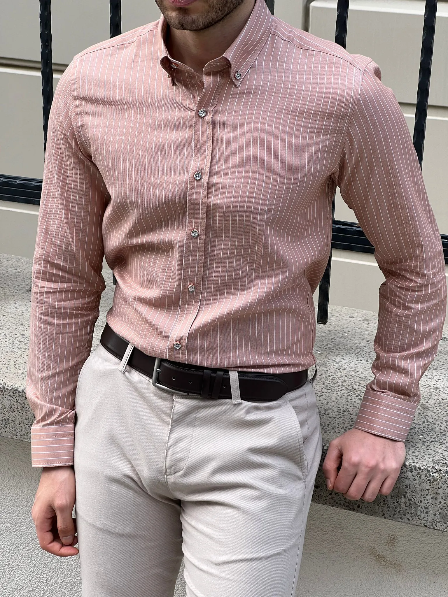 Bojoni Montebello Slim Fit High Quality Striped Salmon Shirt