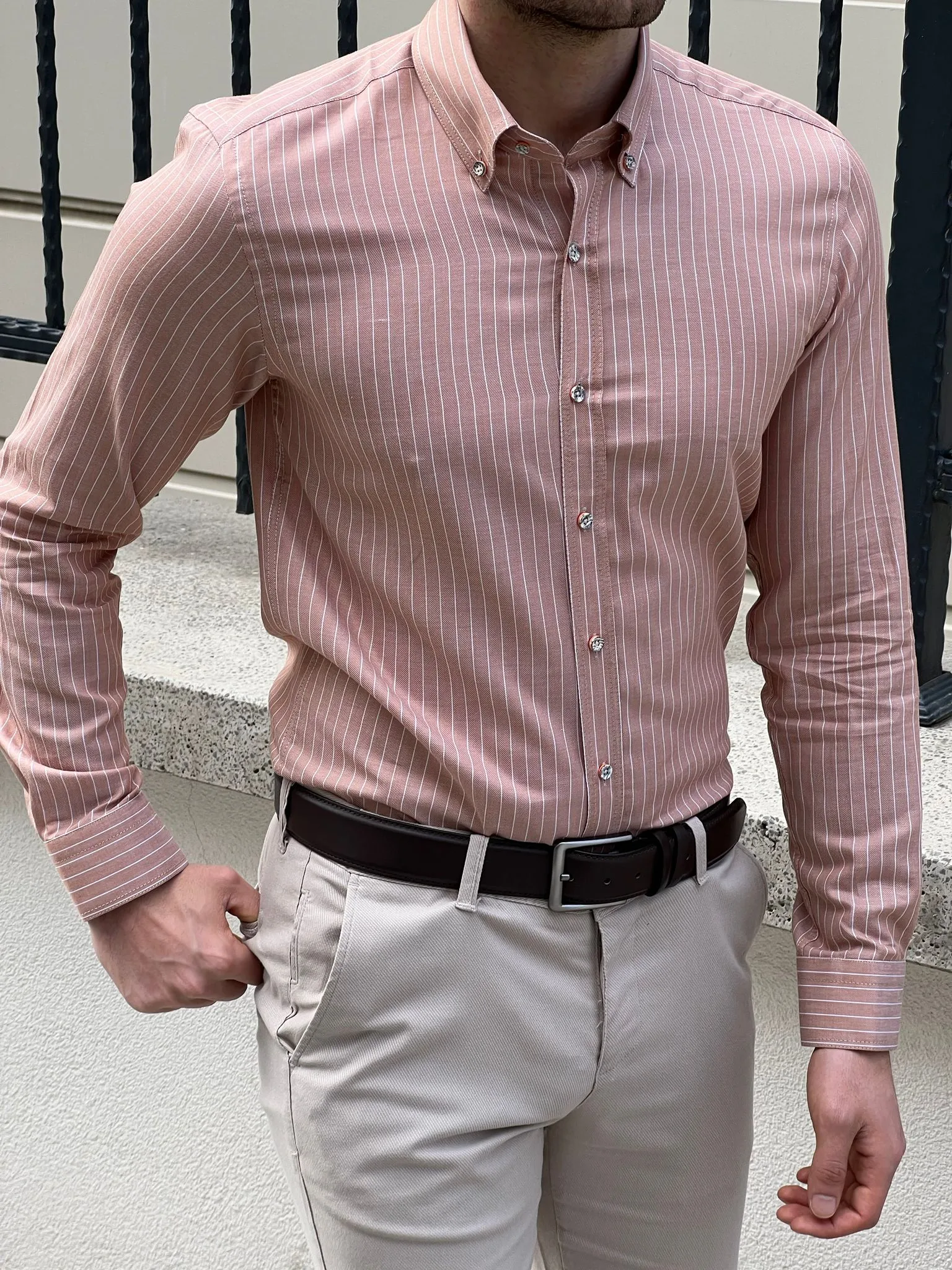 Bojoni Montebello Slim Fit High Quality Striped Salmon Shirt