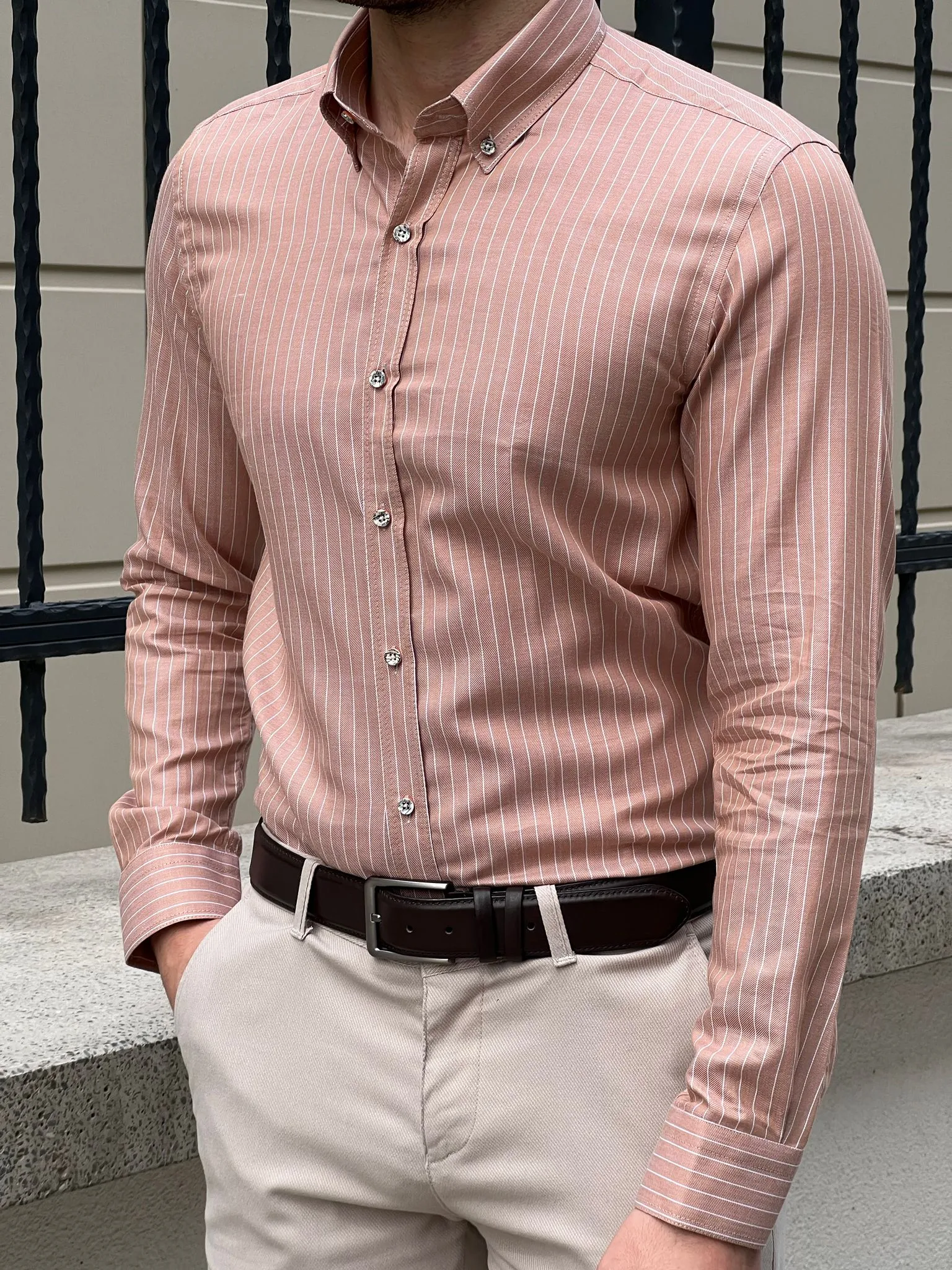 Bojoni Montebello Slim Fit High Quality Striped Salmon Shirt