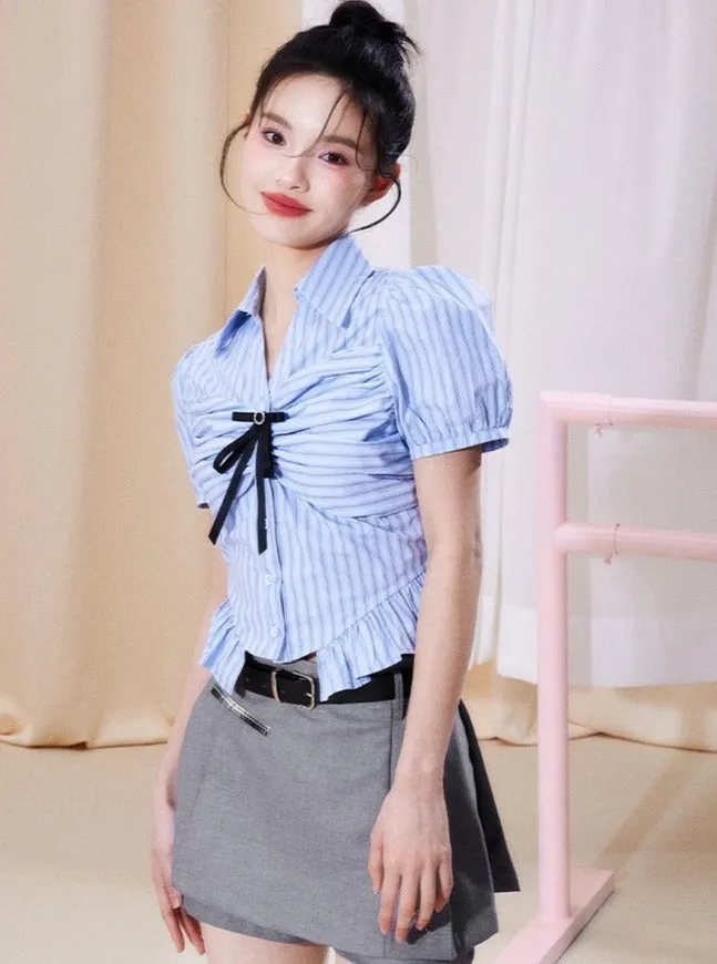 Bow shirt pleated skirt set
