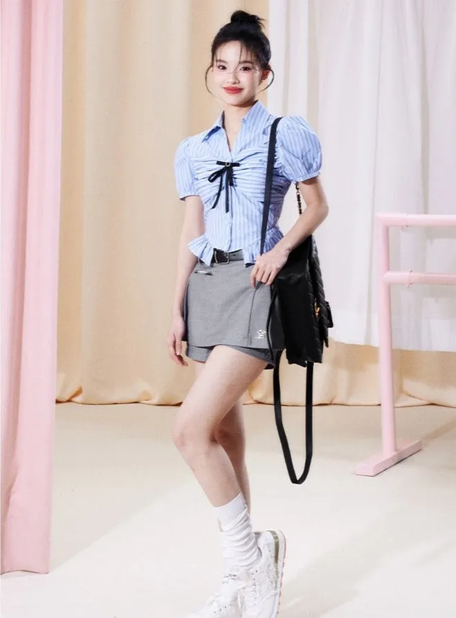 Bow shirt pleated skirt set