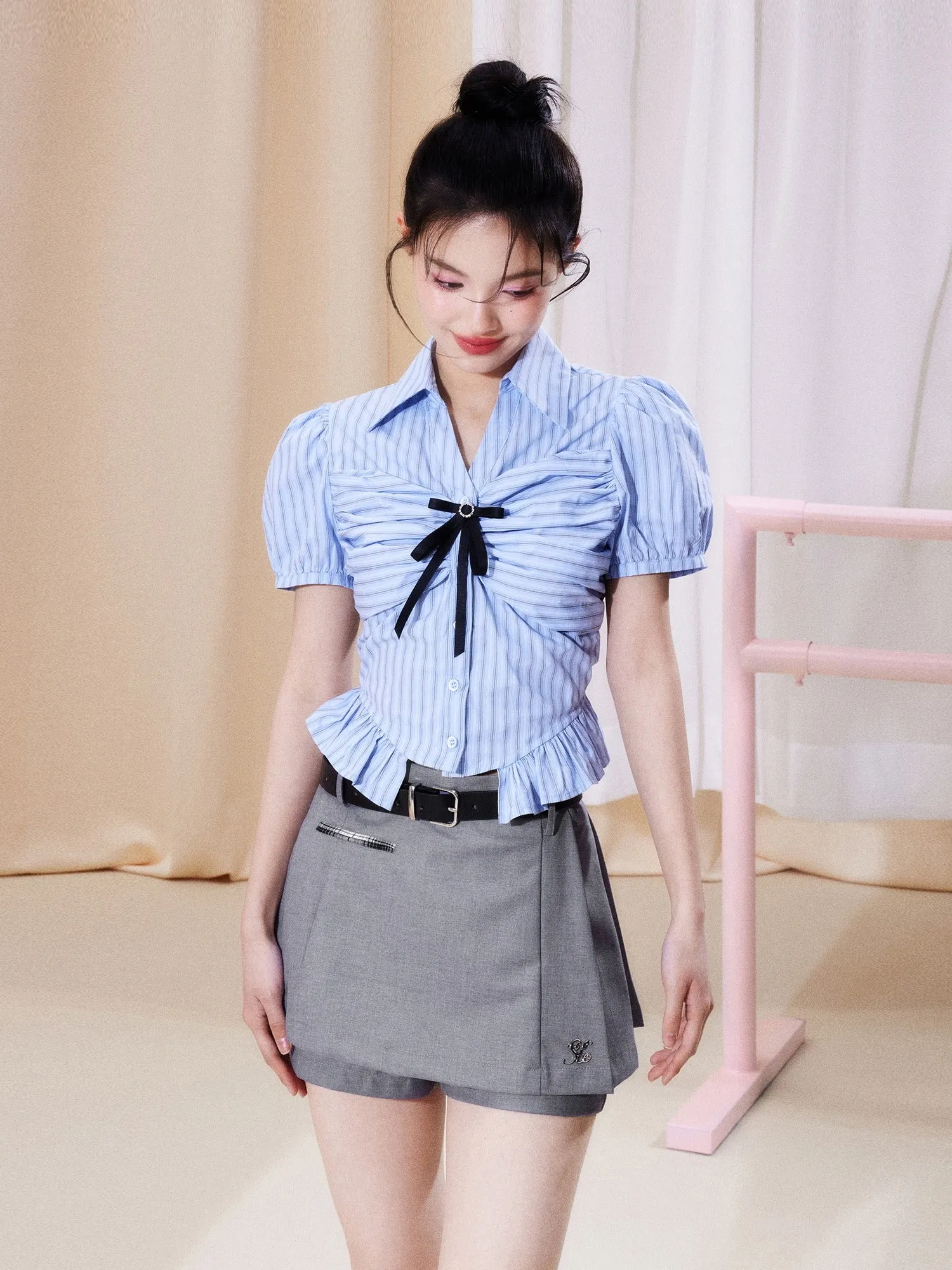 Bow shirt pleated skirt set