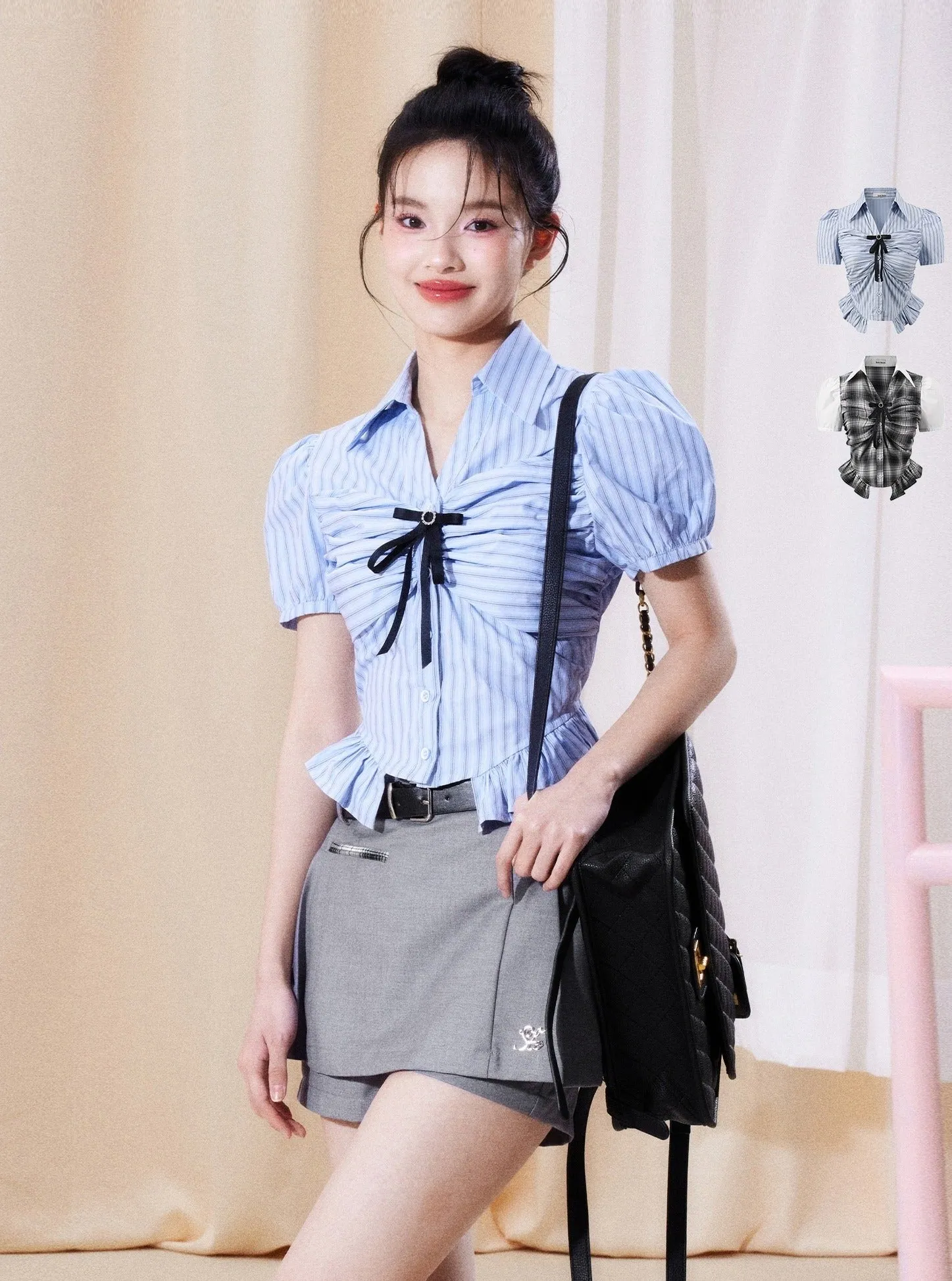 Bow shirt pleated skirt set