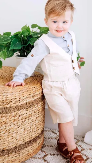 Boys 3 Piece Shirt Set - Light blue shirt Ivory Vest & Shorts