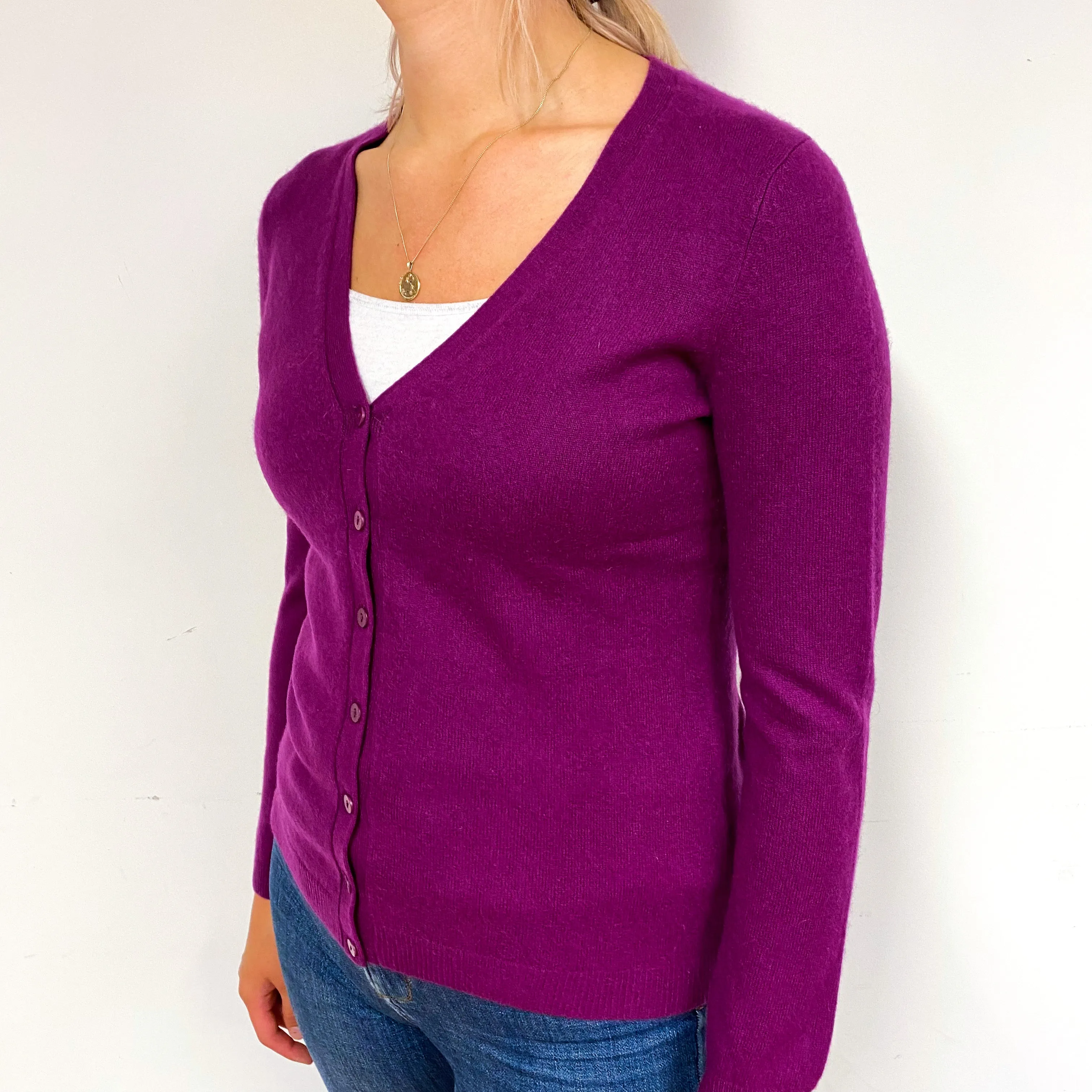 Bright Plum Purple Cashmere V-Neck Cardigan Small/Petite