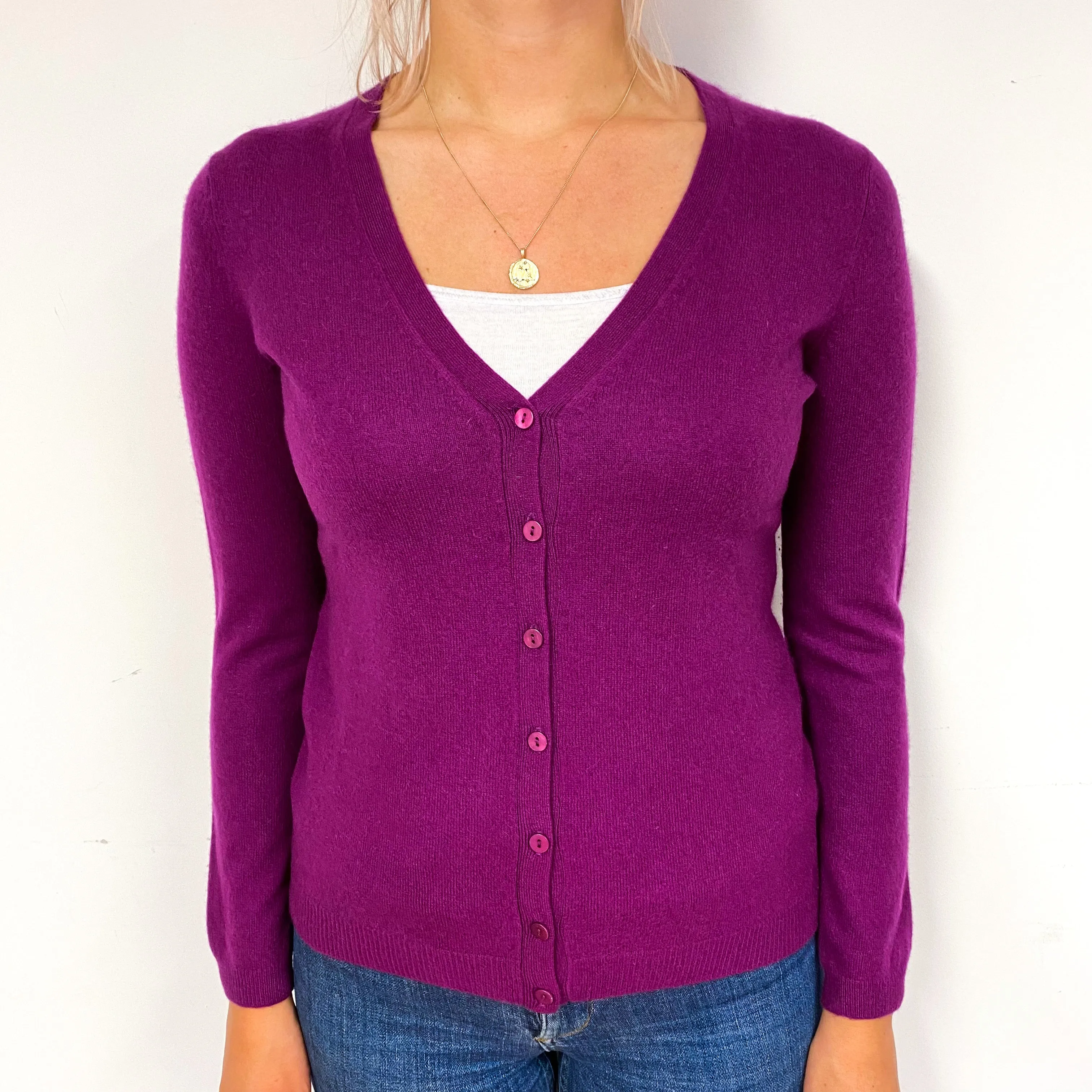 Bright Plum Purple Cashmere V-Neck Cardigan Small/Petite
