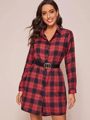 Button Through Plaid Shirt Dress