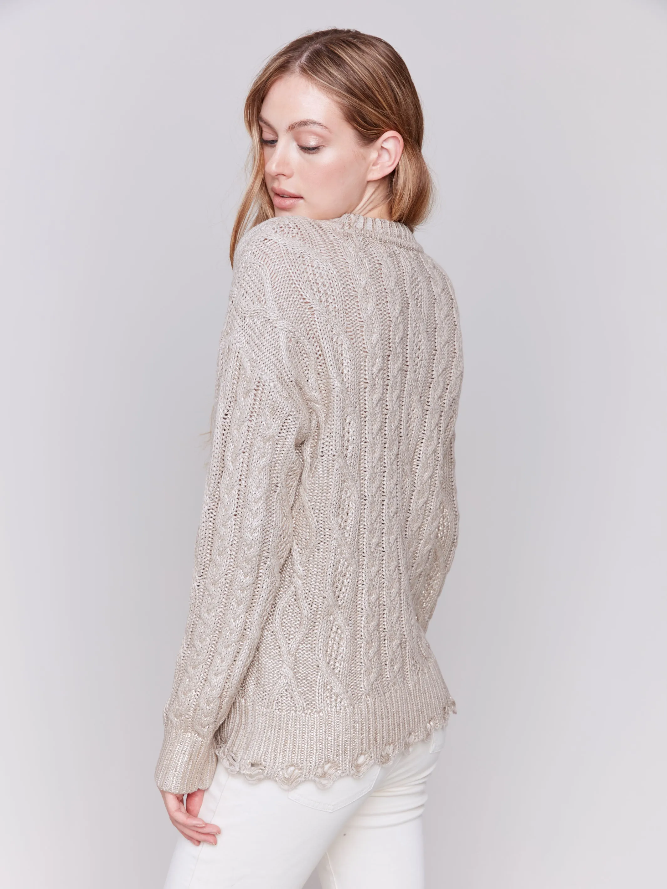 C2716/095C Foiled Cable Knit Crew-Neck Sweater with Distressed Hem and Cuff