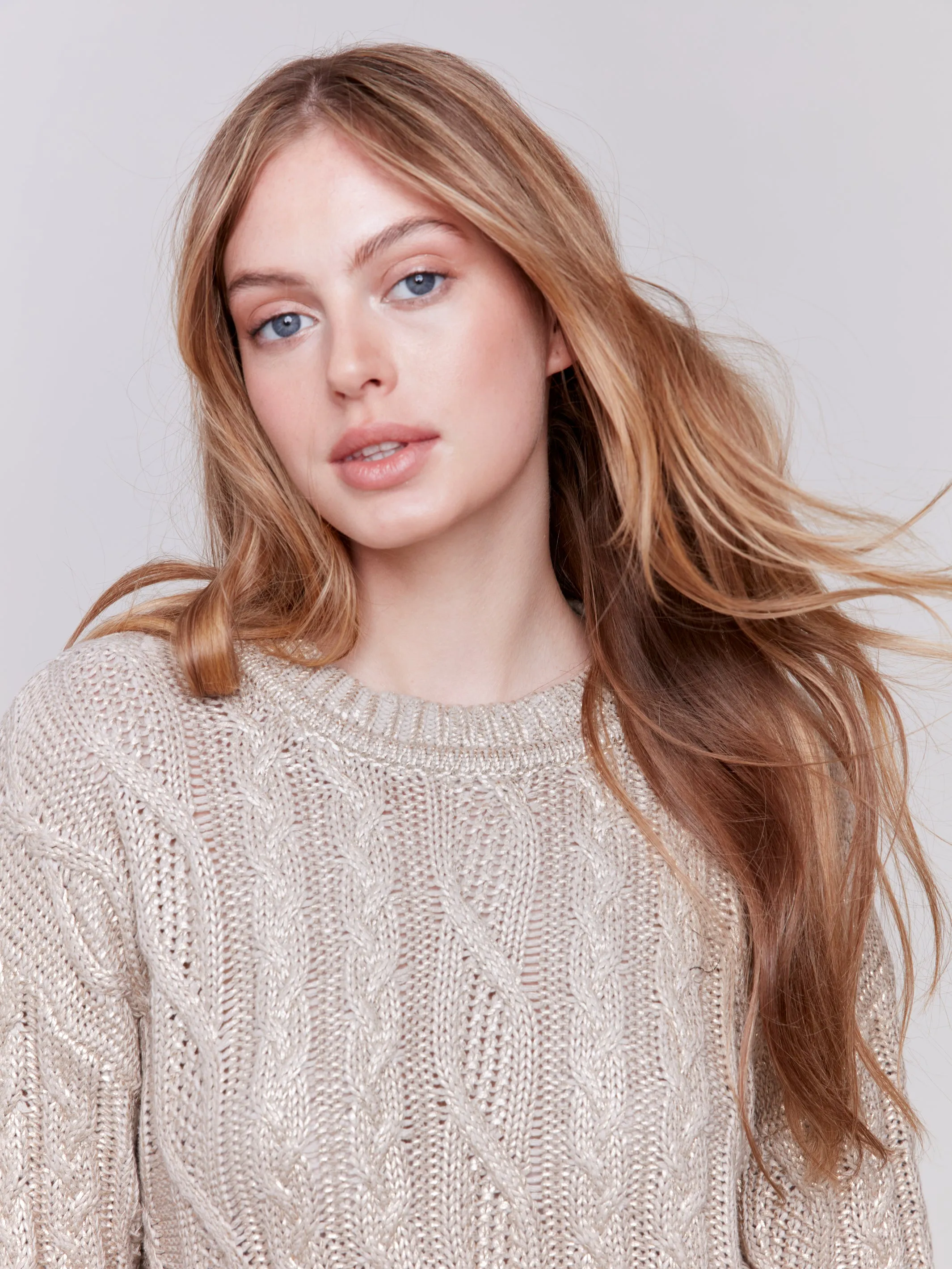 C2716/095C Foiled Cable Knit Crew-Neck Sweater with Distressed Hem and Cuff