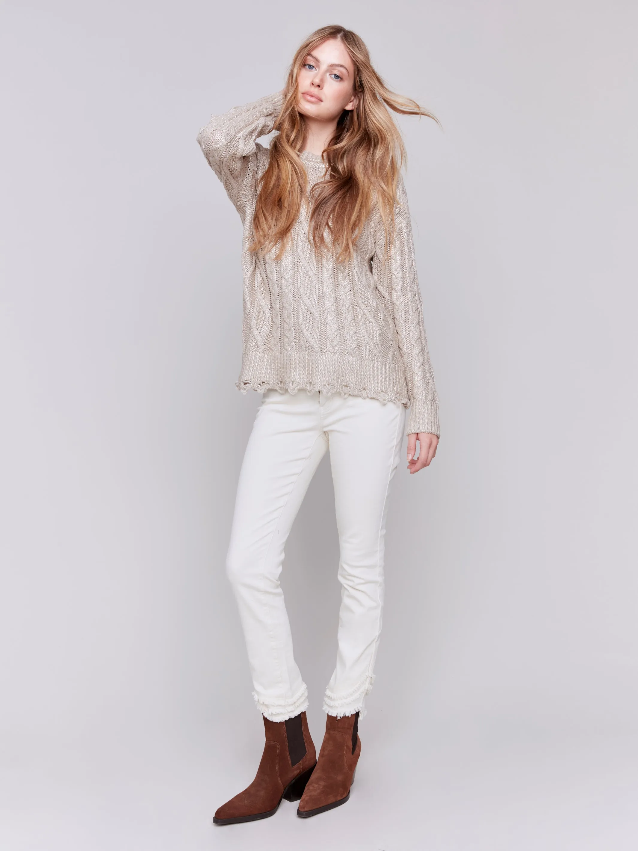 C2716/095C Foiled Cable Knit Crew-Neck Sweater with Distressed Hem and Cuff