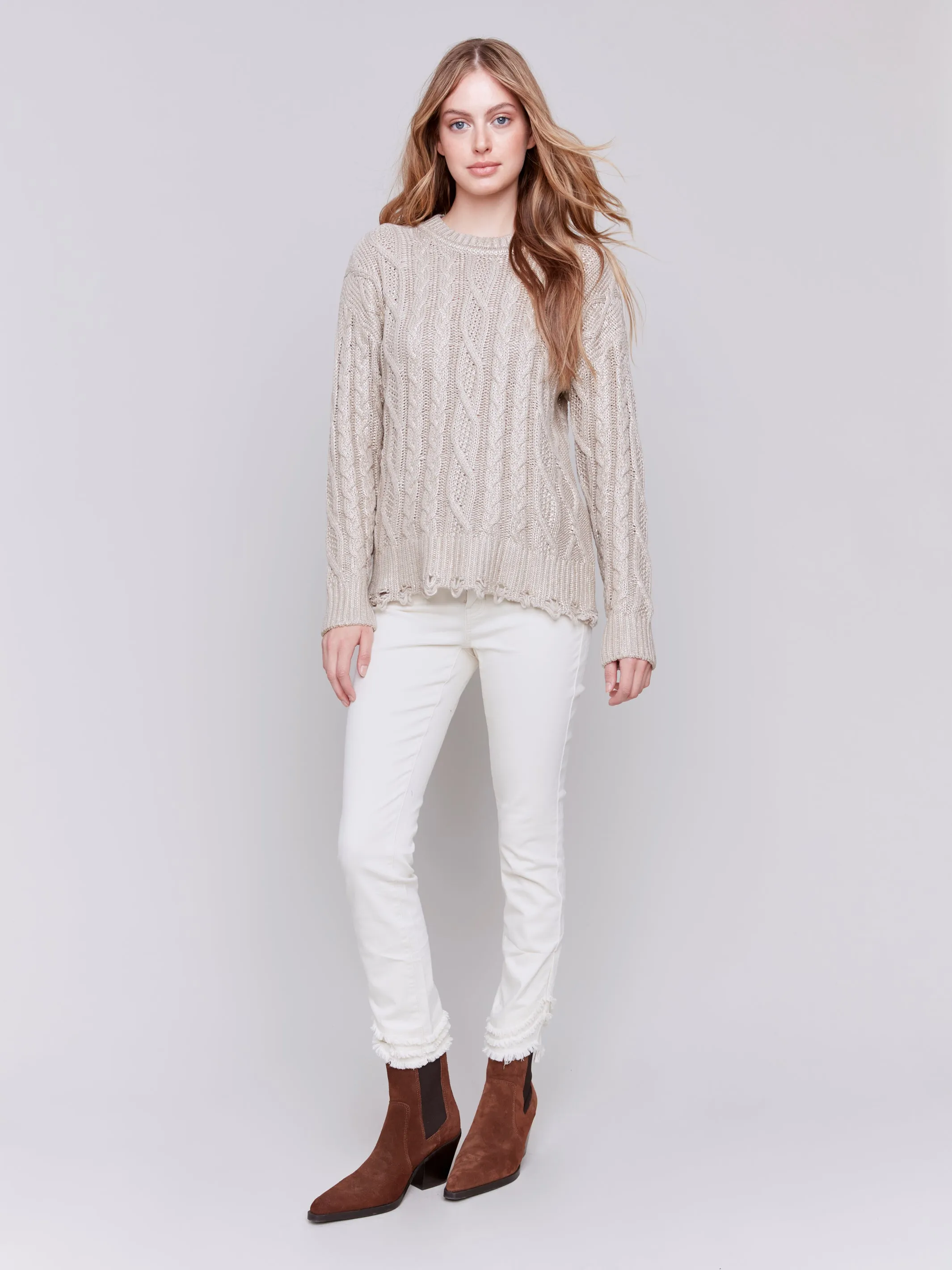 C2716/095C Foiled Cable Knit Crew-Neck Sweater with Distressed Hem and Cuff
