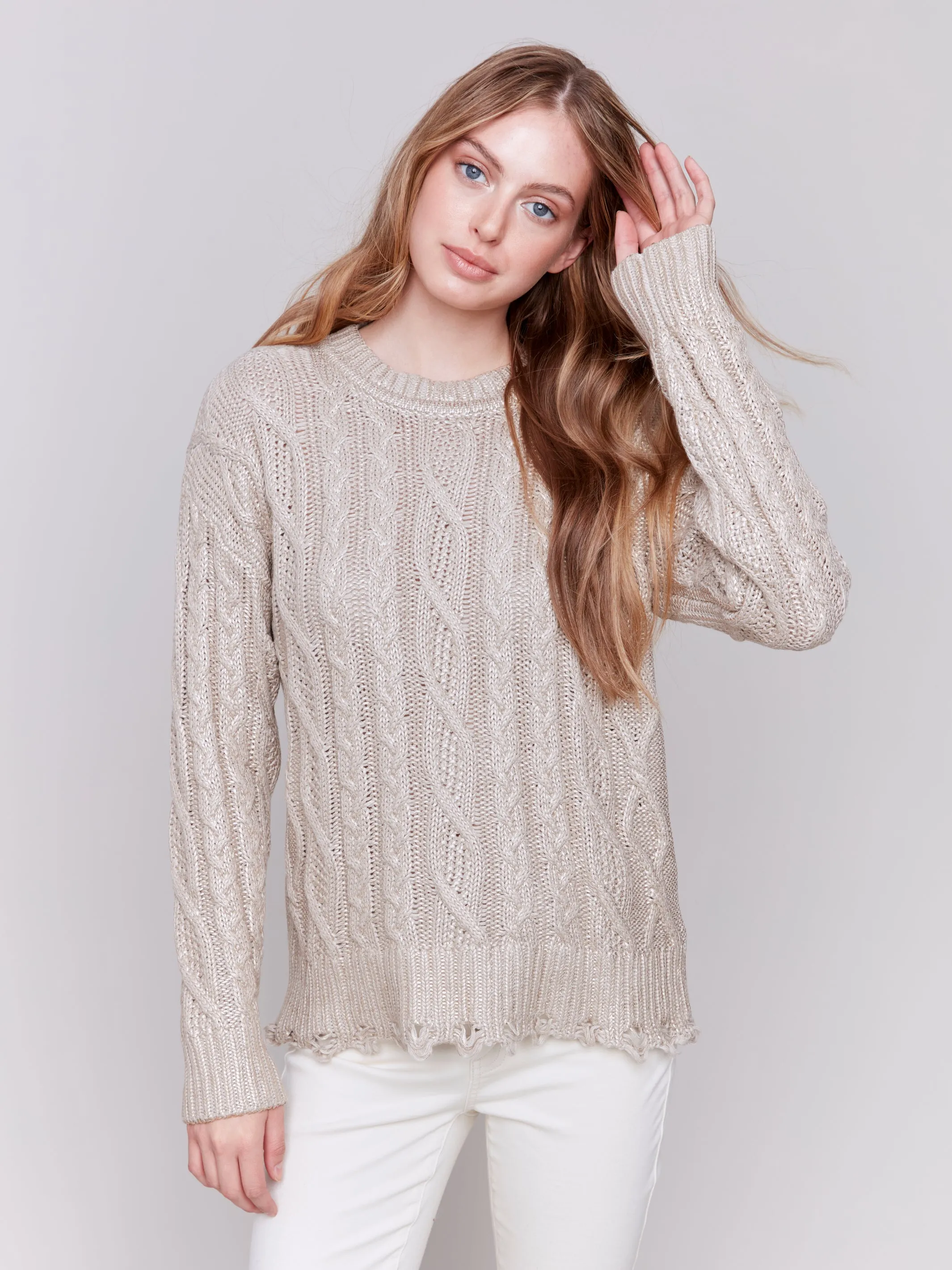 C2716/095C Foiled Cable Knit Crew-Neck Sweater with Distressed Hem and Cuff