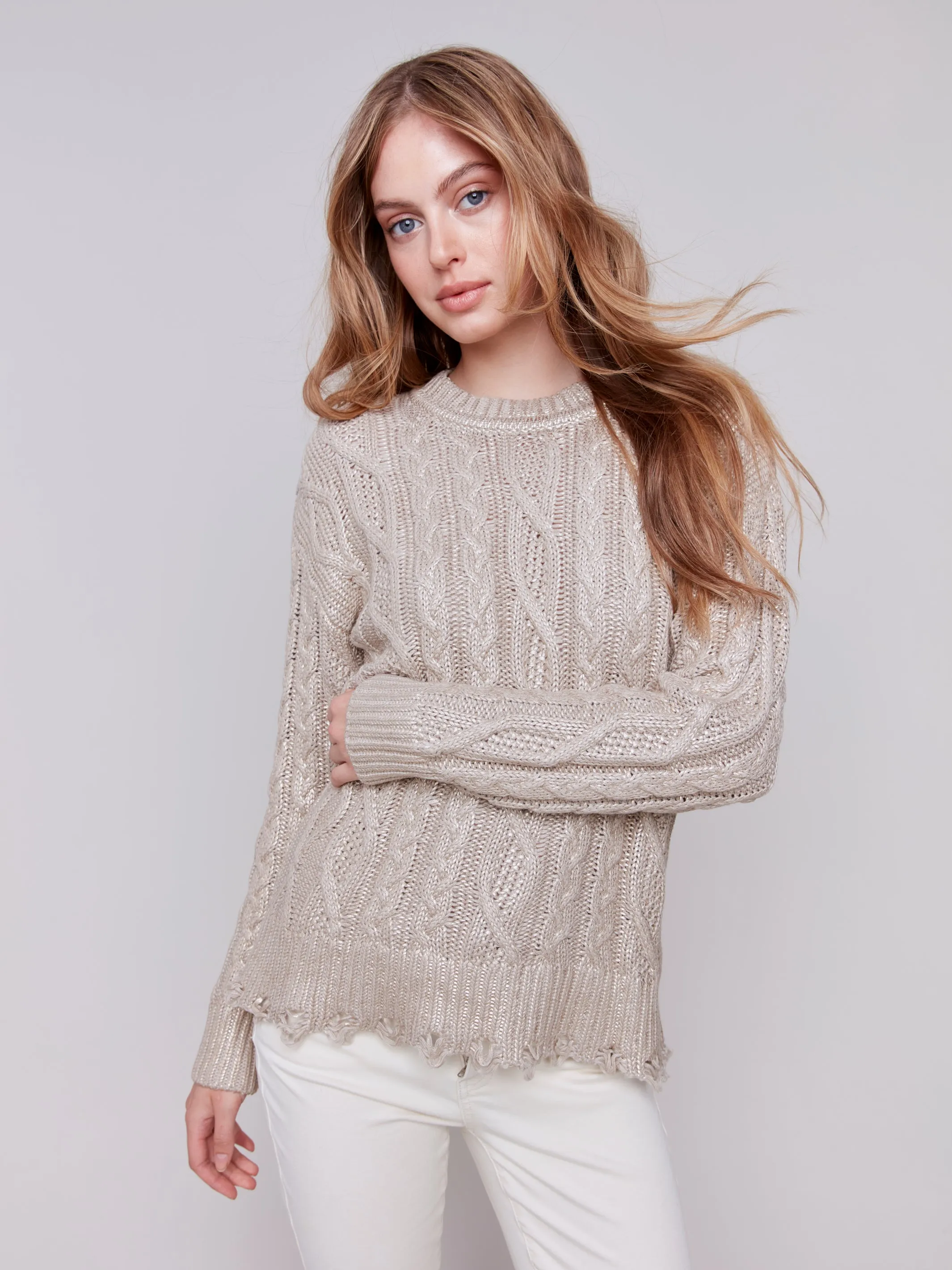 C2716/095C Foiled Cable Knit Crew-Neck Sweater with Distressed Hem and Cuff