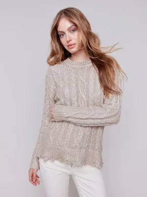 C2716/095C Foiled Cable Knit Crew-Neck Sweater with Distressed Hem and Cuff