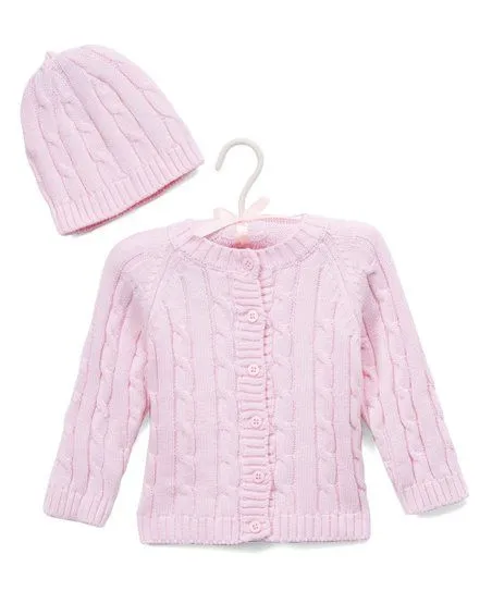 Cable Knit Baby's Cardigan with Beanie