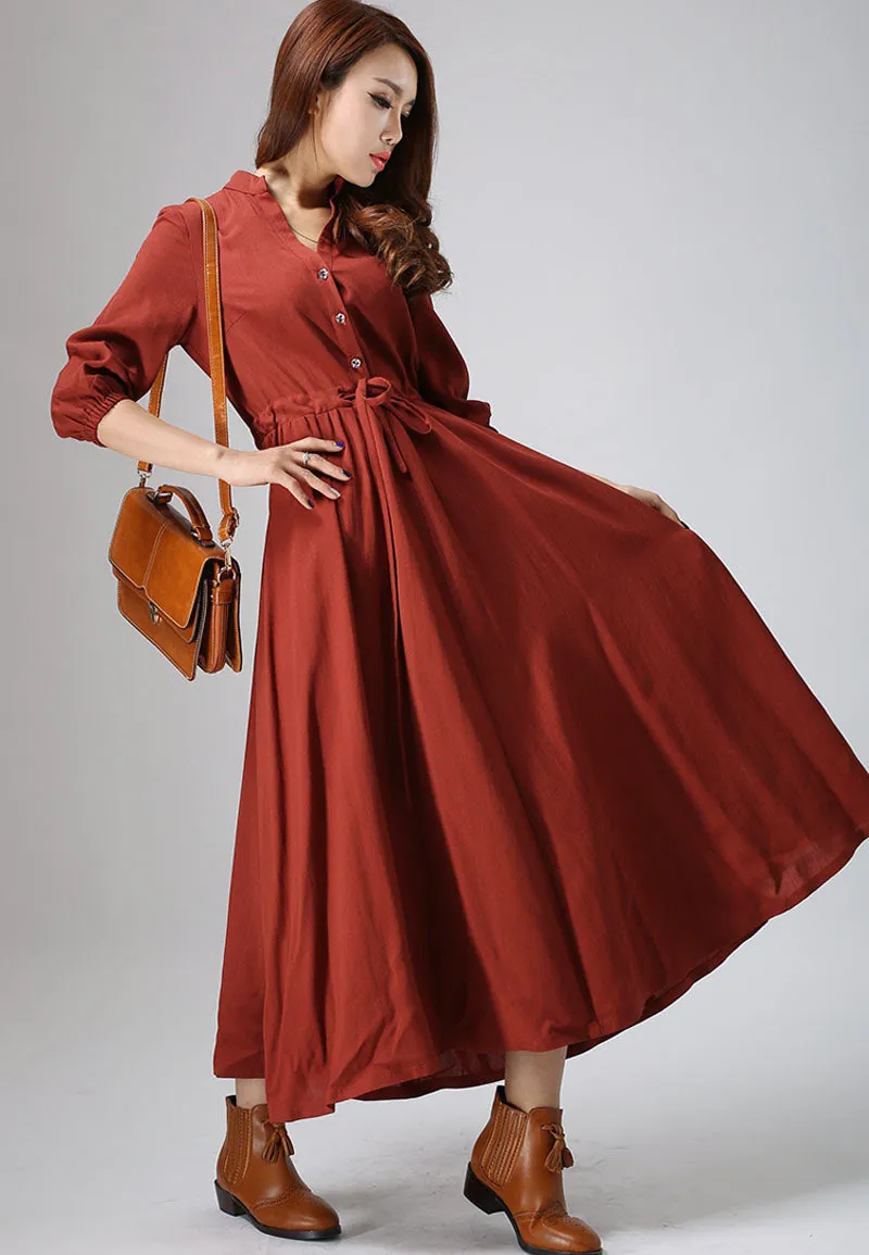 Casual linen shirt dress, womens maxi swing dress 0804#