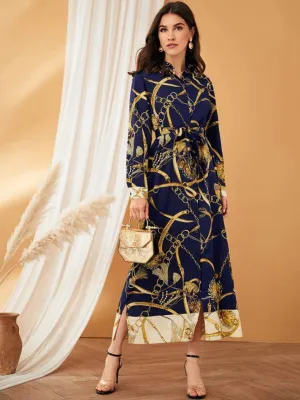 Chain Print Belted Shirt Dress