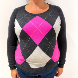 Charcoal Grey and Hot Pink Argyle Cashmere Crew Neck Jumper Extra Large