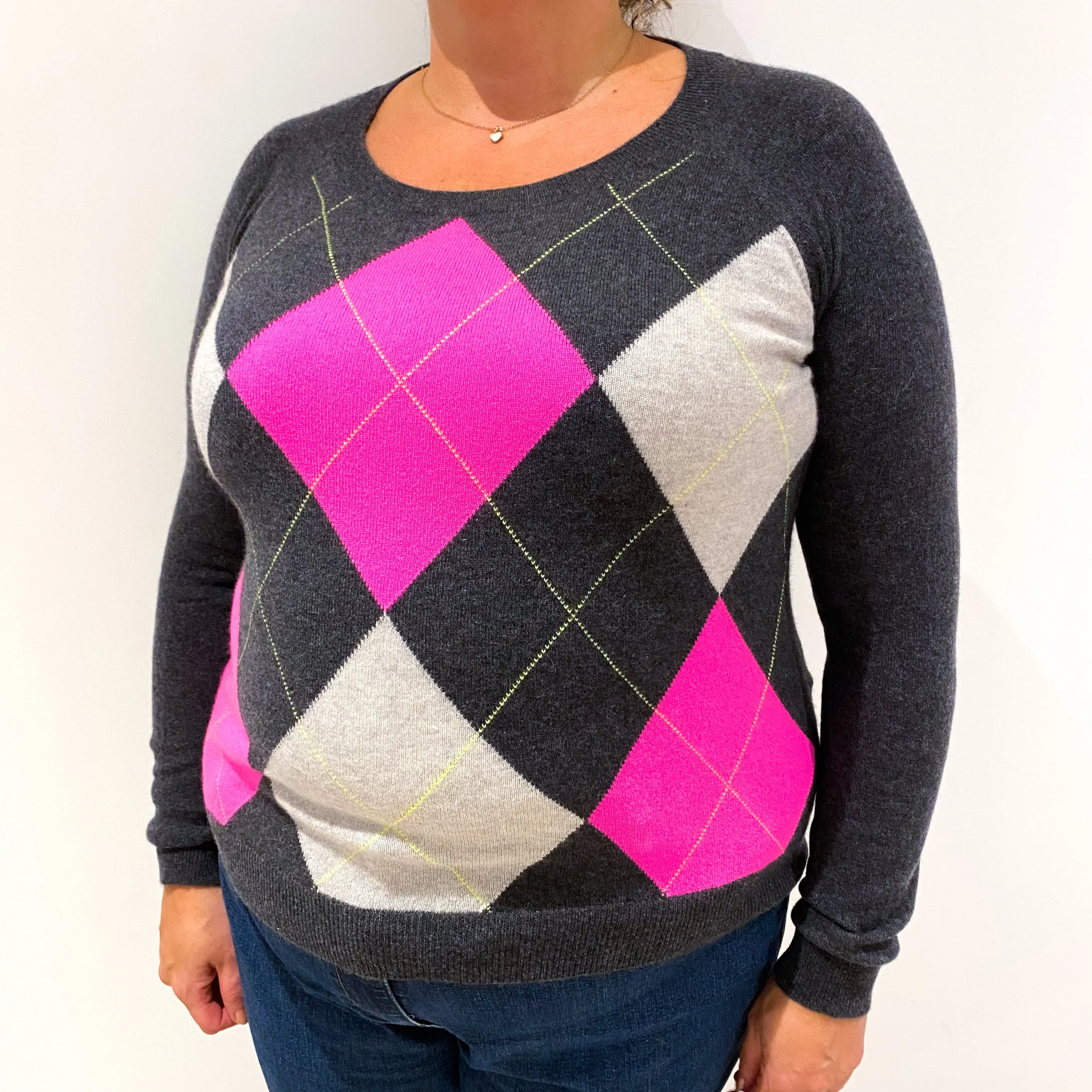 Charcoal Grey and Hot Pink Argyle Cashmere Crew Neck Jumper Extra Large